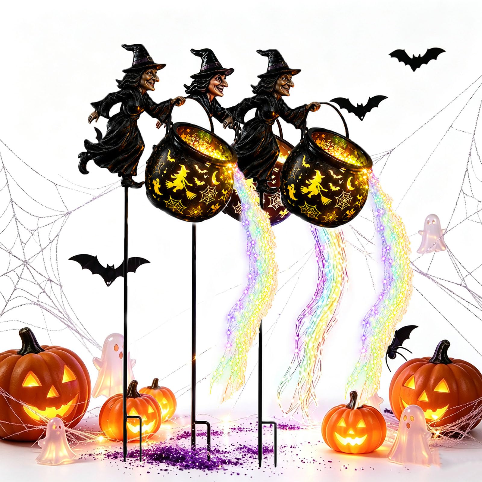 Everydries Halloween Witch Cauldron Garden Light, LED Color Waterfall-Style Light Flow Flying Witches Halloween Décor (3pcs)
