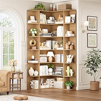 74” Tall Corner Bookshelf, 6-Tier Bookshelf and Bookcase with Open Storage, Tall Bookcases Wooden Storage Shelves for Home Office, Thickened Boards for Better Load Bearing, Natural
