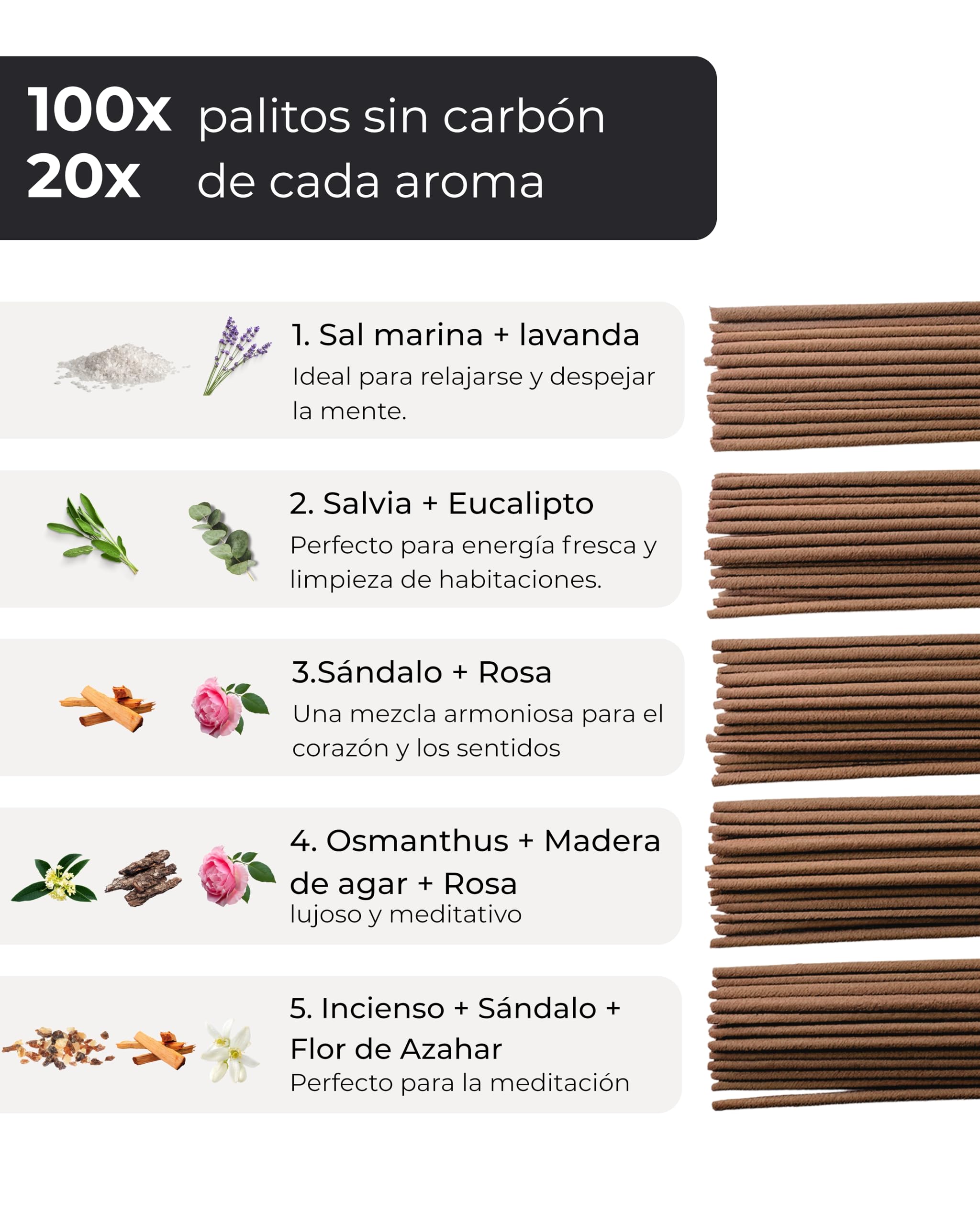 Incensera Incienso Natural Set 5×20 100 Varillas Lavanda Salvia Eucalipto Sándalo Rosa Osmanthus