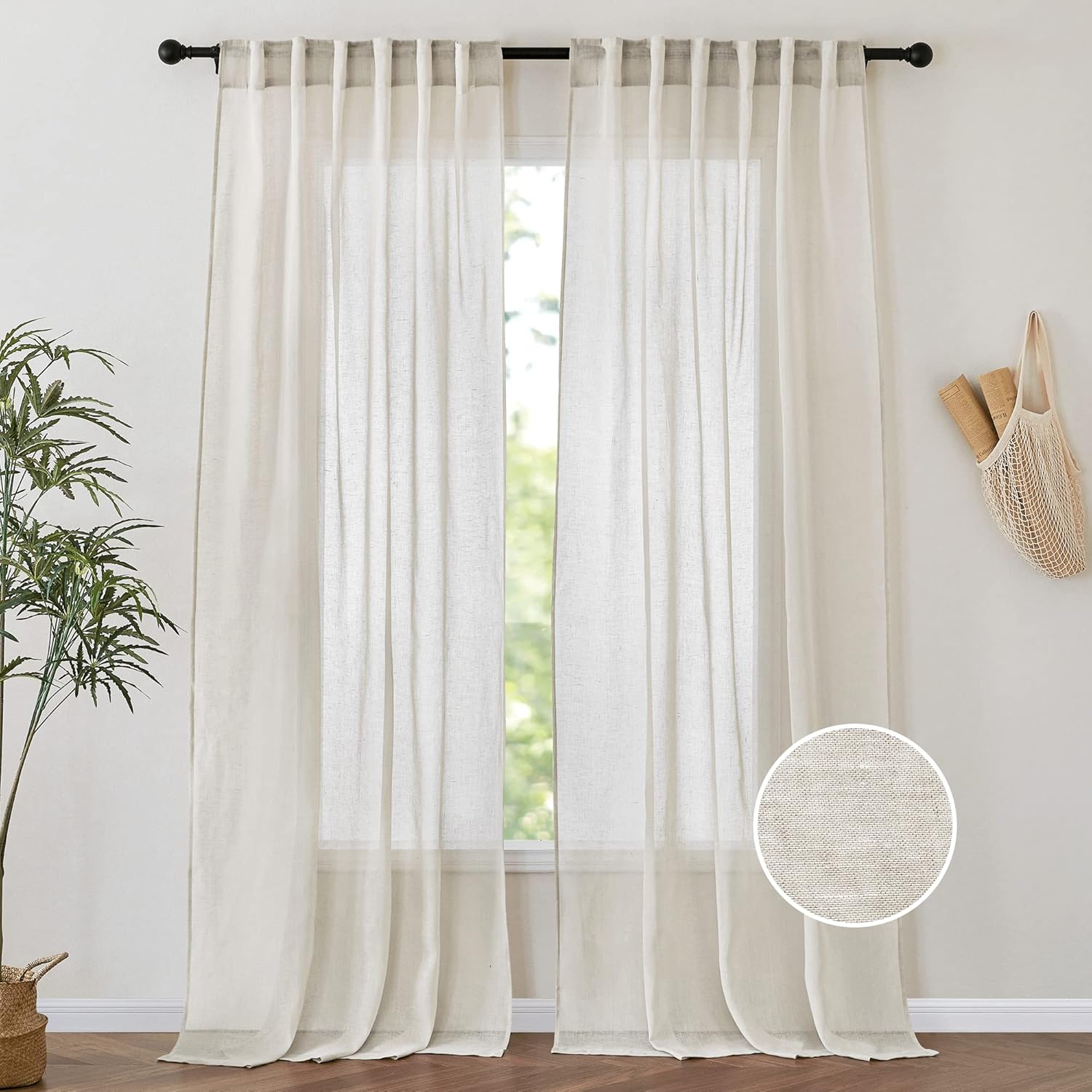 PONY DANCE Natural Linen Curtains 90 inch Length - 2 Panels Pocket&Back Tab Drape Light Filtering Semi Sheer Neutral Country Rustic Farmhouse Boho Drapes for Bedroom,52 Wide Each Panel 52"W x 90"L (Pack of 2) Natural