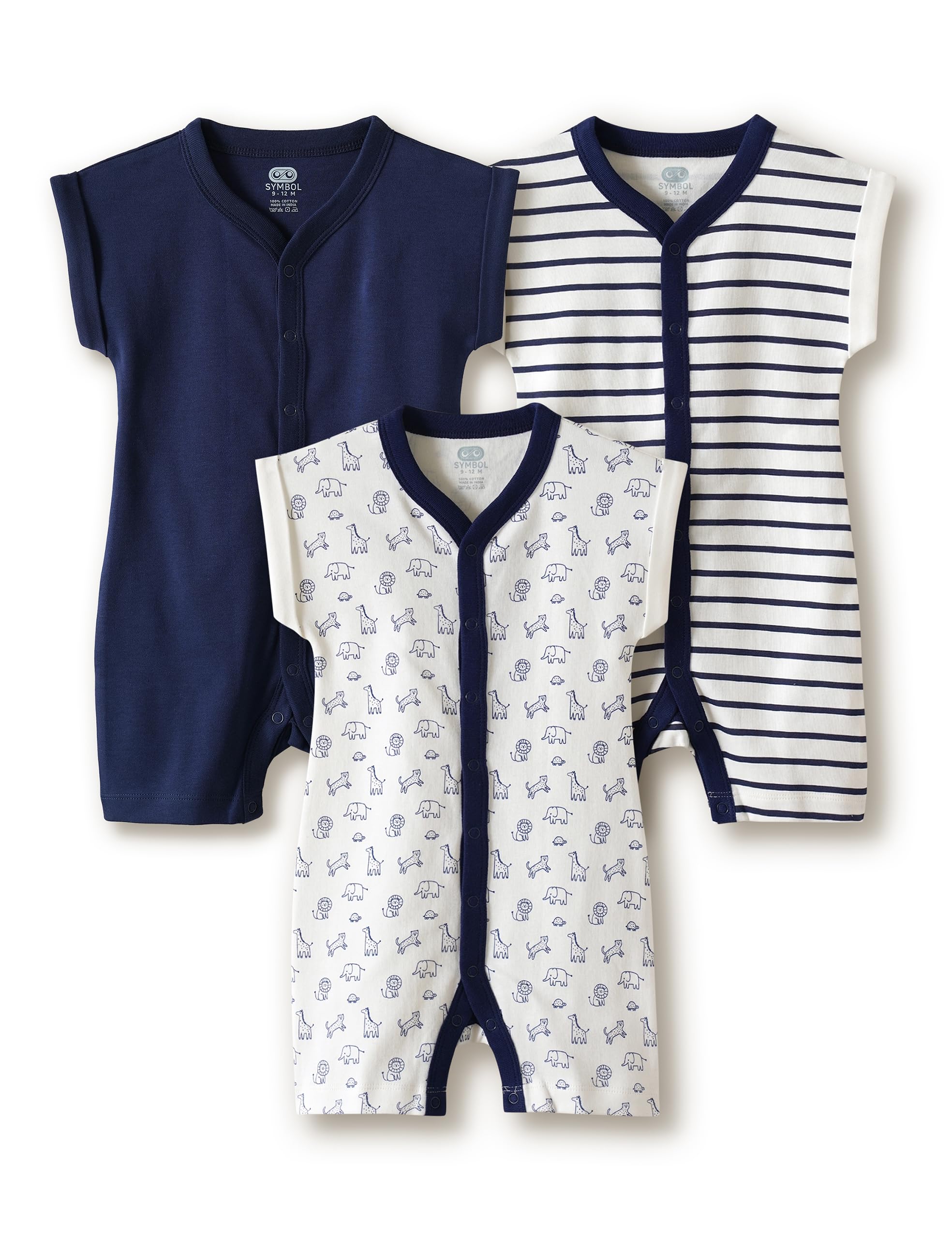Amazon Brand Symbol Unisex 100% Cotton Half Sleeve Regular Fit Romper (Pack of 3) (SK-BRO-SS26-2003 (0-18M)_WSWPNS_0-3 M)