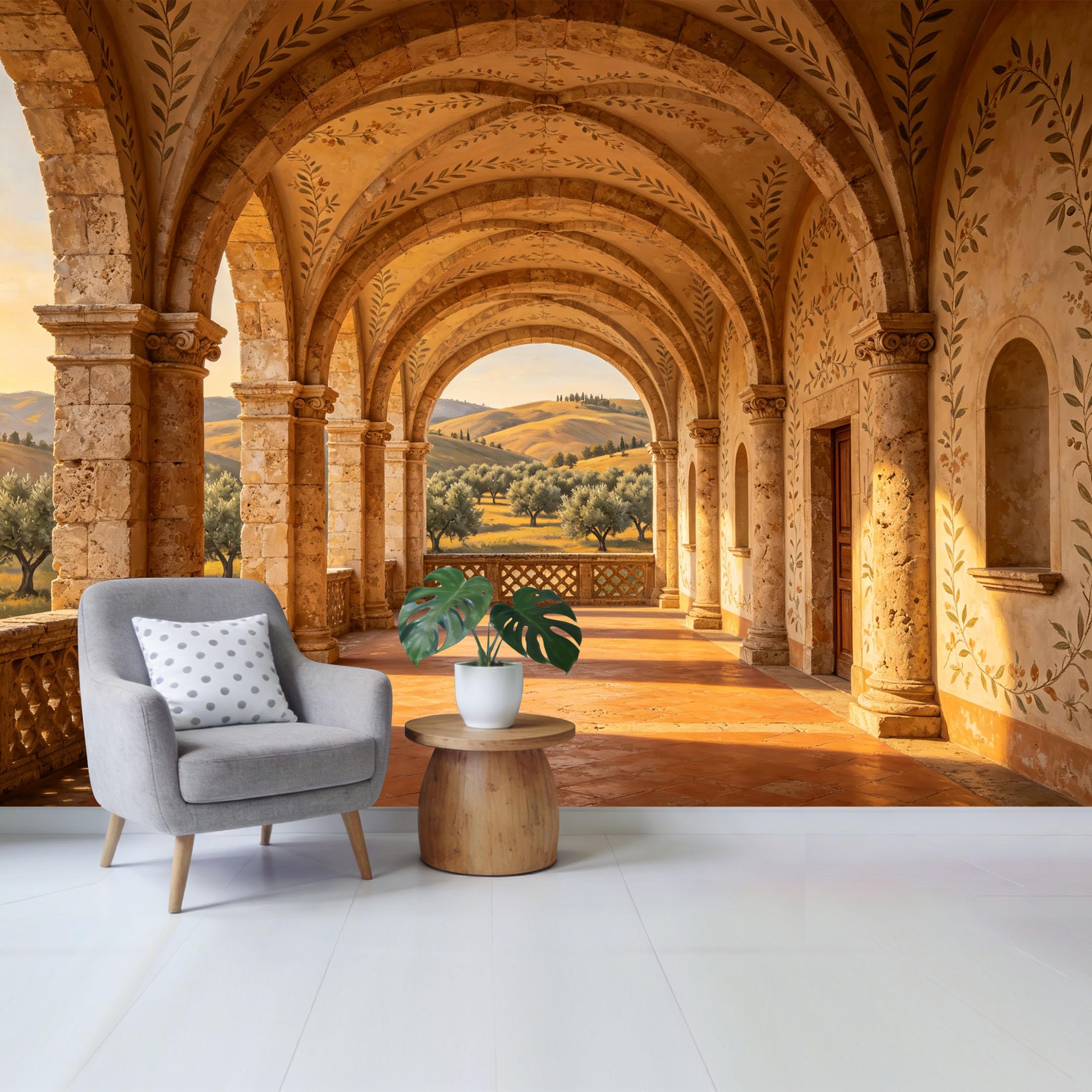 Custom Size Wall Mural Mediterranean Arch Corridor Tuscan Landscape Oil Painting Style Removable Self Adhesive Fabric Home Wall Decor for Living Room Bedroom Bathroom