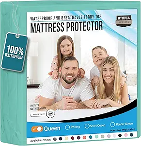 Utopia Bedding Waterproof Mattress Protector Queen Size, Premium Terry Mattress Cover 200 GSM, Breathable, Fitted Style with Stretchable Pockets (Spablue)