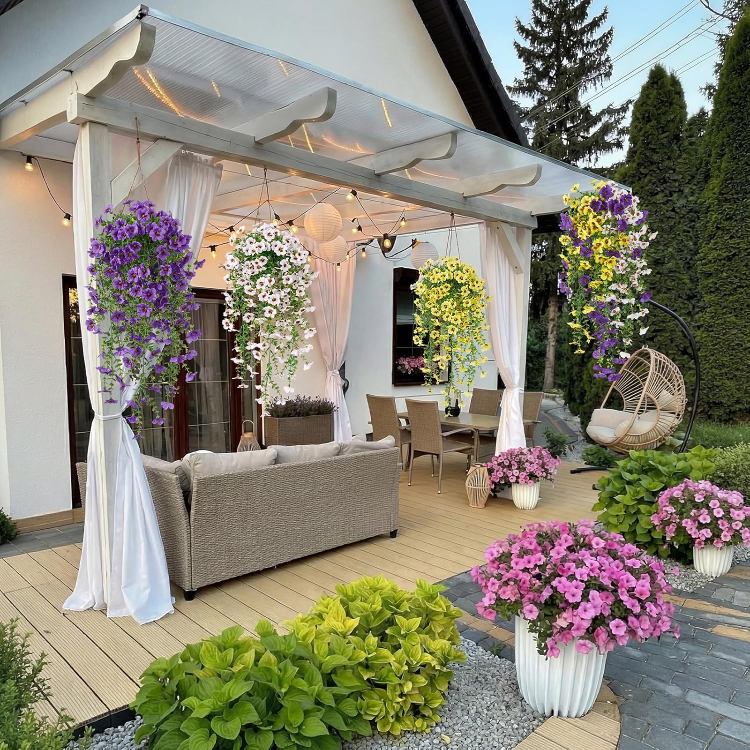 Daifunli 12 Pcs Artificial Hanging Flowers Outdoor Fake Hanging Lavender Flower Ferns Eucalyptus Leaves Fake Plants for Indoor Wall Room Home Garden Porch Wedding Party Spring Decor No Basket(Fresh)