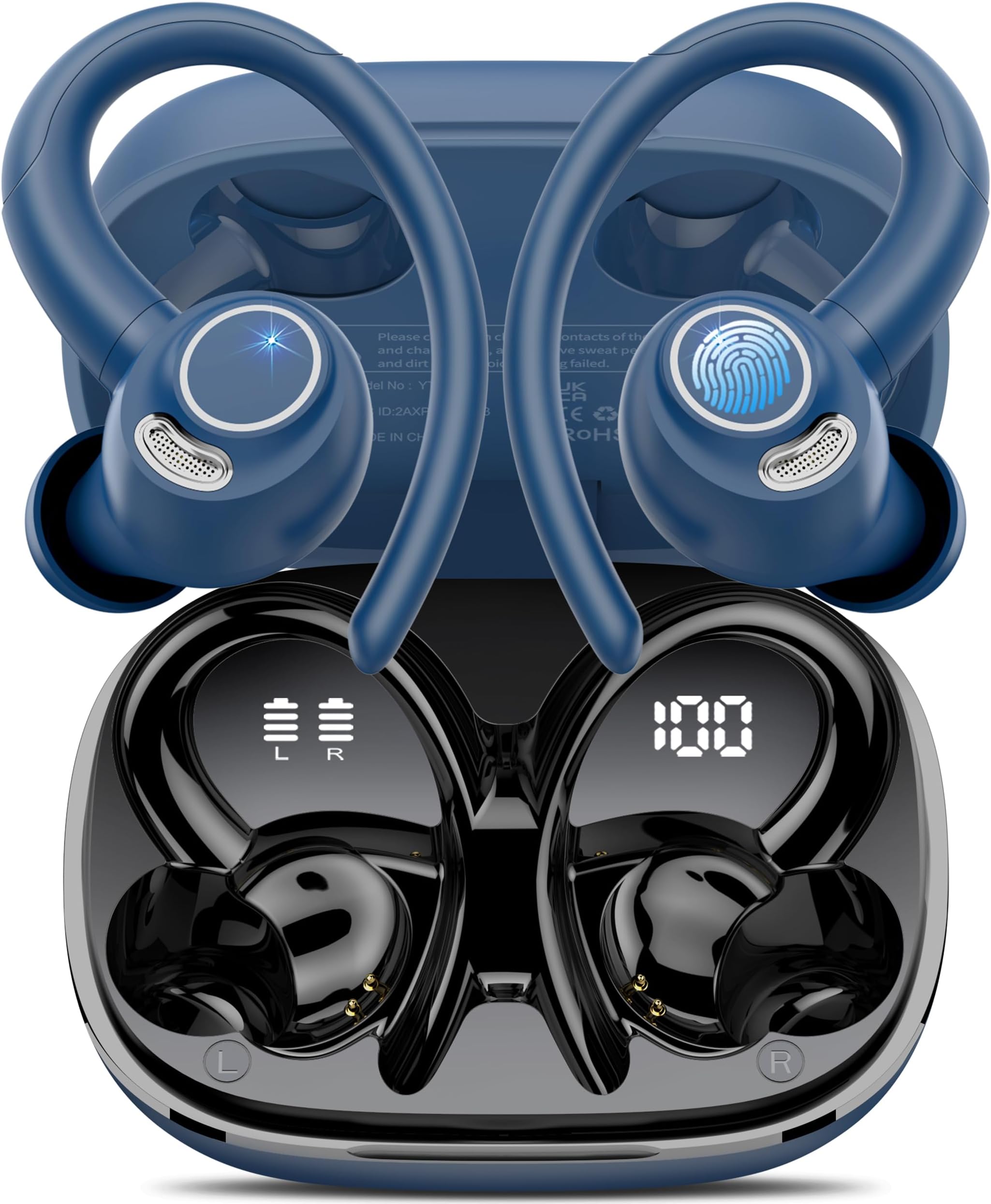 Wireless Earbuds Bluetooth 5.3 Headphones Sport, 2024 Wireless Earphones with Earhooks, HiFi Stereo Deep Bass with ENC Mic, 40H Dual LED Display, IPX7 Waterproof Ear Bud for Small Ear Running/Workout