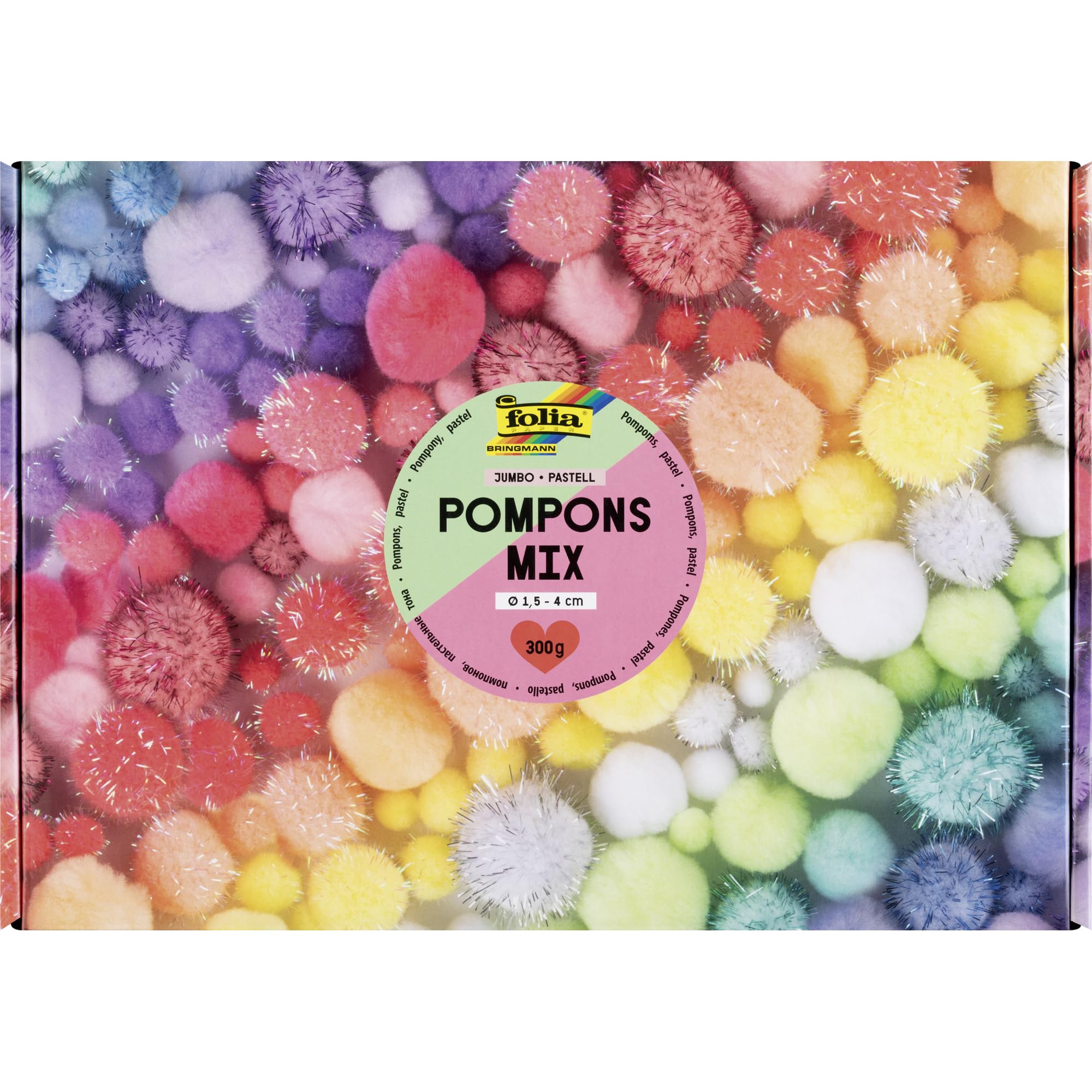 folia 50349 50349 Pompoms Mix Jumbo Pastel, 300 g Pompoms in 10 Colours, Approx. 900 Plush Balls, 5-4 cm, for Crafts, Decorating and Decorating, Multicoloured, Diameter 1.5-4 cm