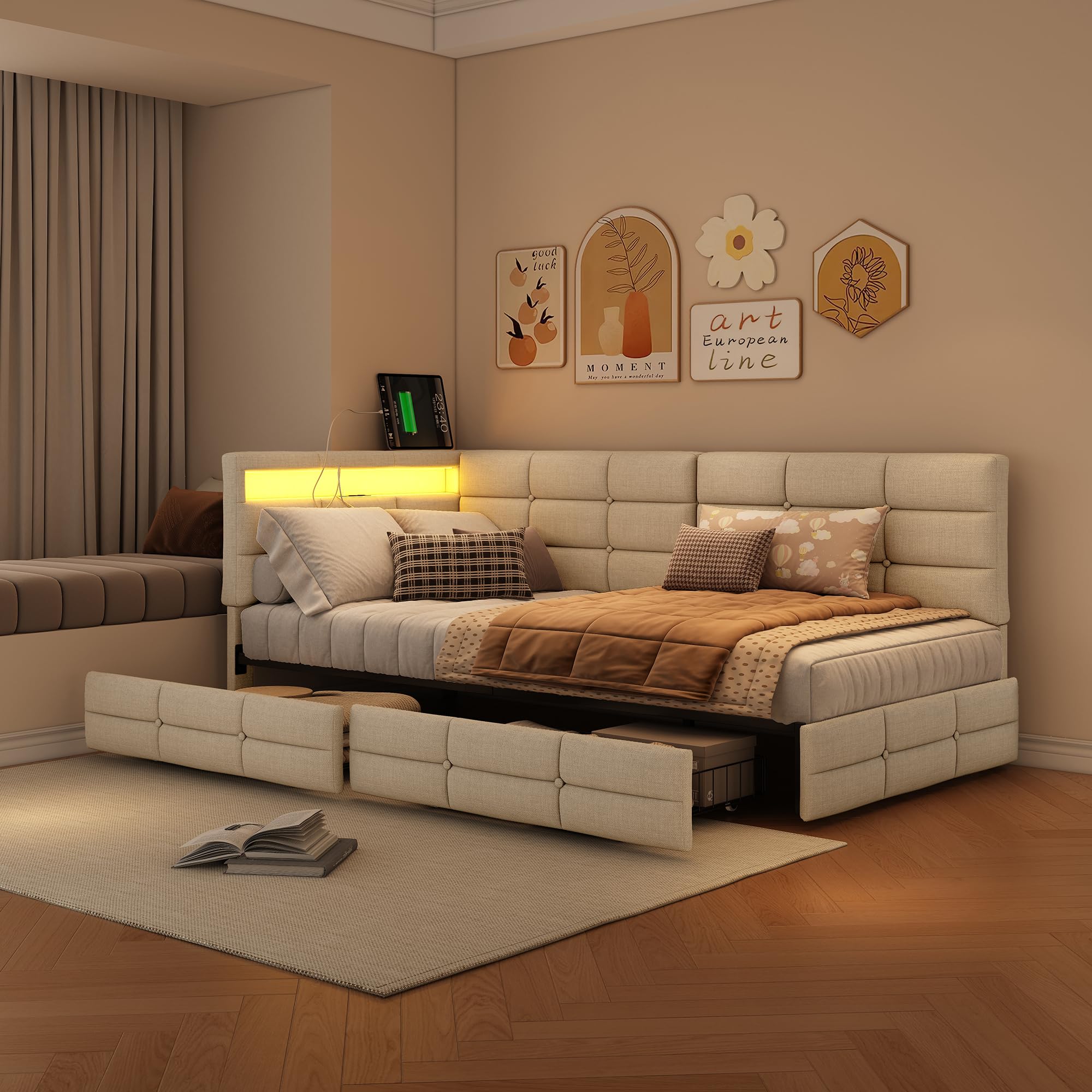 BRILVERDE Cama con almacenamiento de 90 x 200 cm con cajones, cama acolchada con luz LED/USB, sofá cama con cabecero contenedor, somier de láminas, lino (beige, 90 x 200 cm)