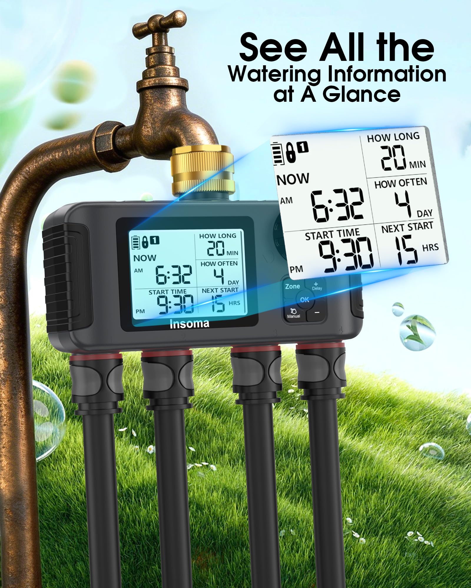 Insoma Temporizador de agua WiFi para manguera de jardín, temporizador de aspersor inteligente, temporizador de manguera WiFi con control remoto por aplicación, control de voz con Alexa, retardo de