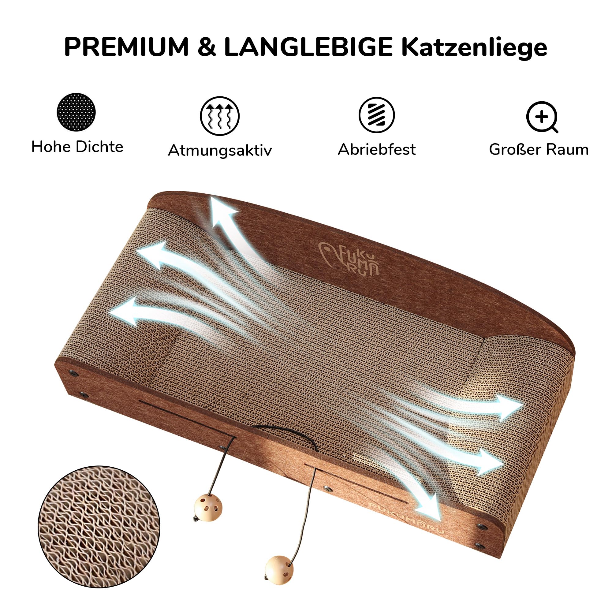 FUKUMARU Kratzbrett Katzen, 66CM langlebiges Kratzpappe und Filz, große Liege, 2 wendbare Katzenkratzpads für Katzen, recycelbares Katzenkratzbett aus Wellpappe mit Glockenballspielzeug, Karamellfarbe