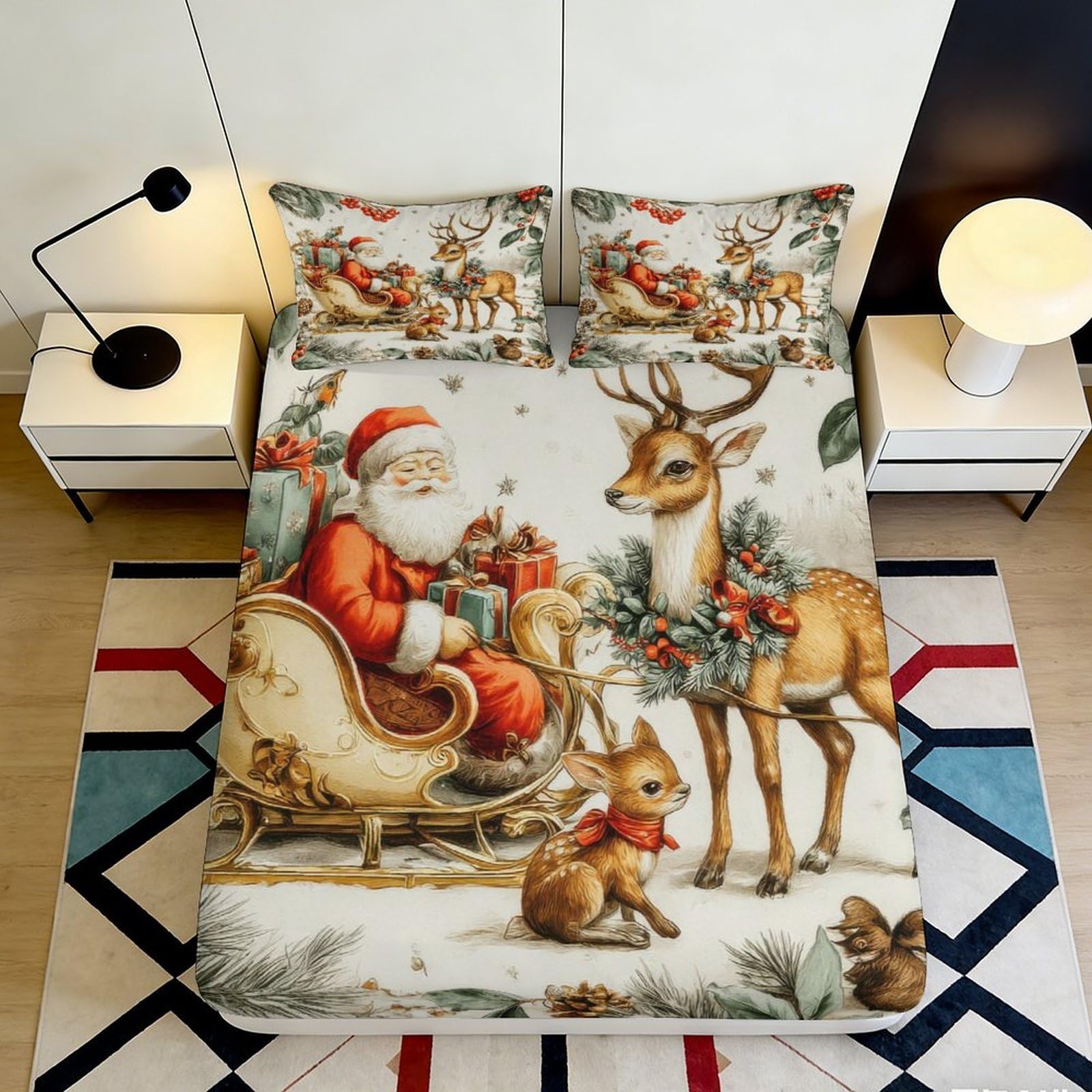 3D Printed Christmas Santa Deer Fitted Sheet Microfiber Soft Breathable Holiday Reindeer Bed Cover for Bedroom Dorm Dormitory Guest Room Mattress Protection 160x200x25cm