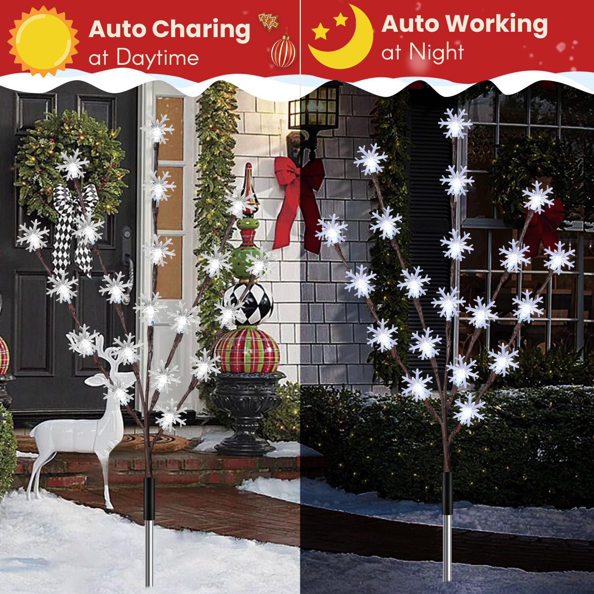 Meonum 6 Pack Solar Snowflake Christmas Pathway Lights, 8 Modes 120 LEDs Solar Christmas Yard Stakes Outdoor Waterproof, Christmas Snowflake Tree Lights for Garden Yard Lawn Pathway Grave Decor