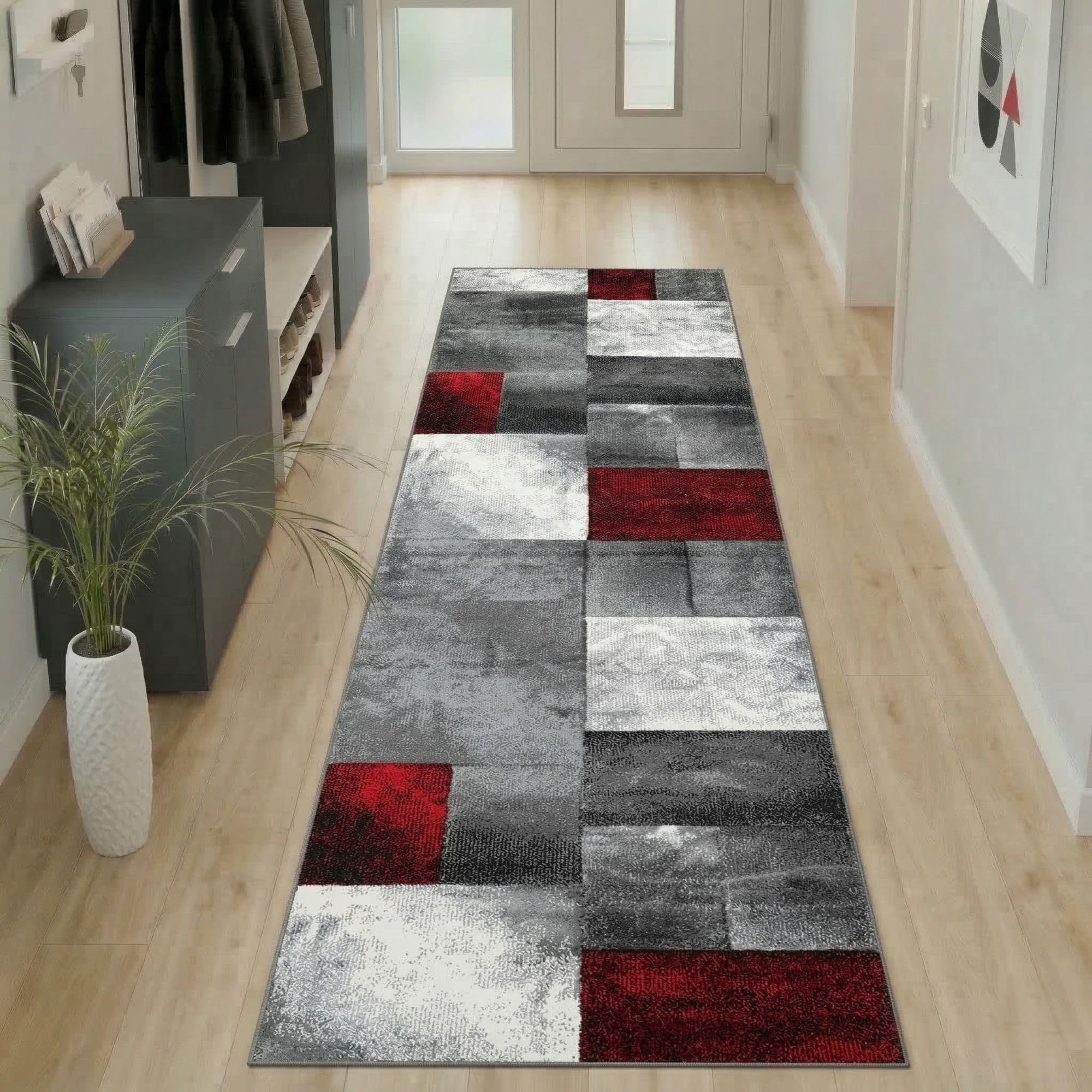 Carpetsale24 Teppich Läufer 80x300 cm Kurzflor Konturenschnitt in Rot Grau Weiß Kariertes Design, Extra Weich, Waschbar, Pflegeleicht Für Flur, Küche, Wohnzimmer