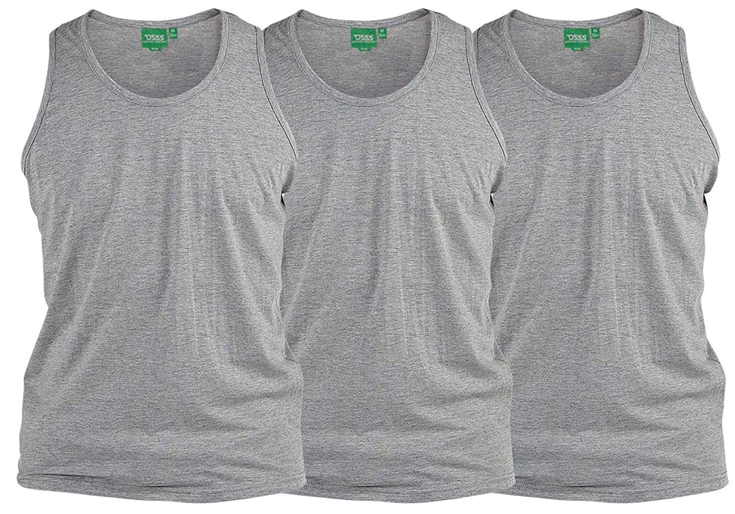 D555 Pure Cotton Long Length 3 Pack Vests in Grey Melange in 6XL