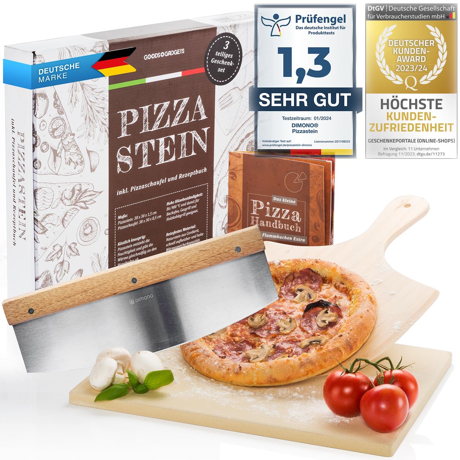 Profi Pizzastein, Pizzaschieber & Pizzamesser Set - Pizzaschaufel, Backstein & Wiegemesser für Backofen, Cordierit Pizzaofen-Material 3-teiliges Set Backstein