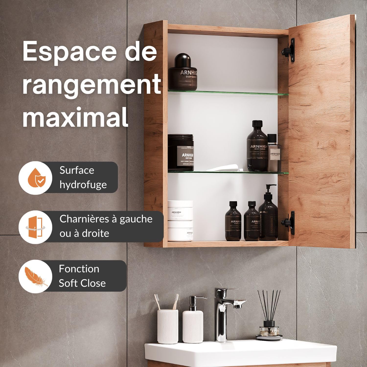 Planetmöbel Lavabo avec Meuble sous Vasque 50 cm, Armoire de Toilette 50 cm Incluse, Ensemble de Meubles de Salle de Bain avec lavabo Suspendu, chêne doré