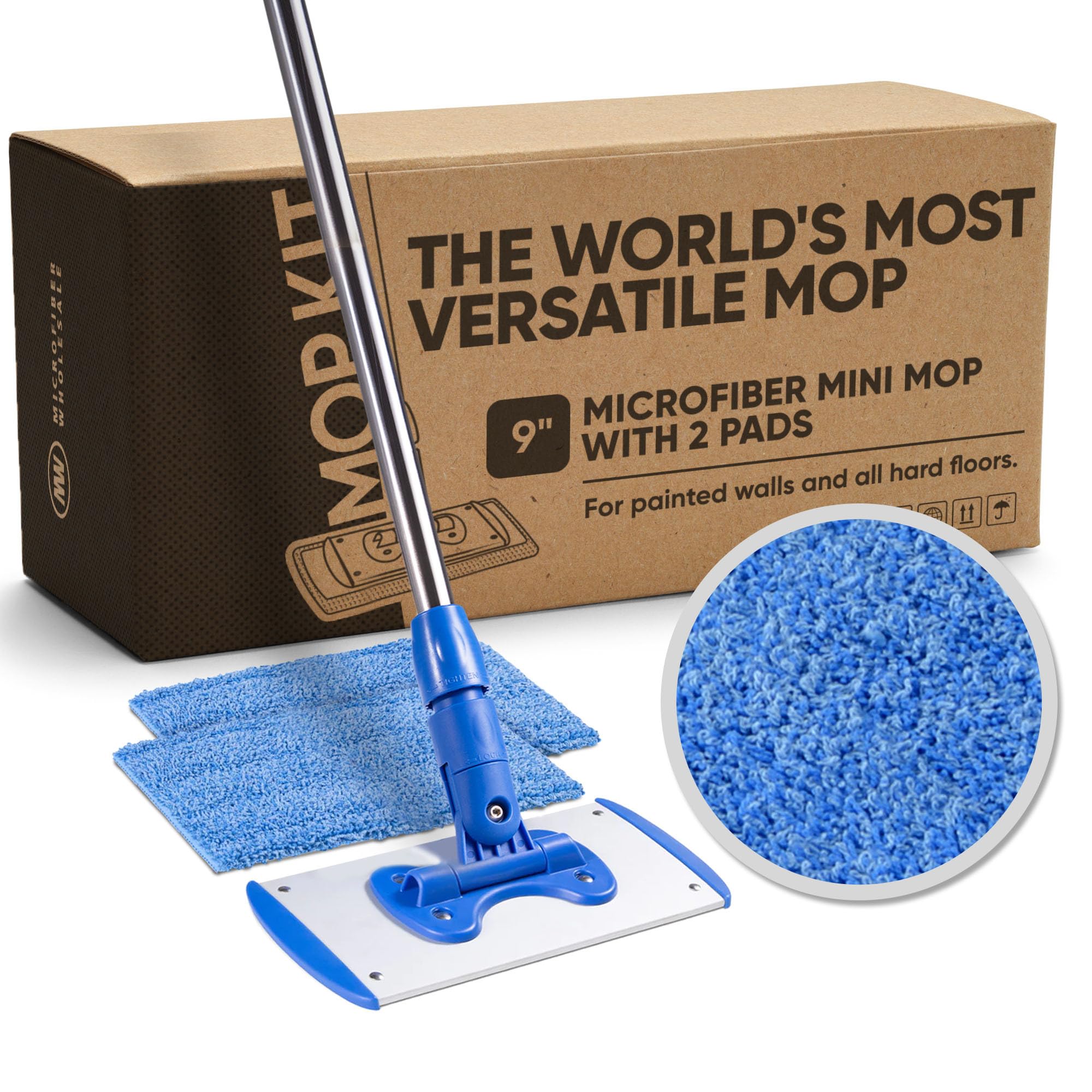 9" Flexible Mini Microfiber Mop System | Adjustable Stainless Steel Handle | 2 Reusable Microfiber Mop Pads | Machine Washable | Wet Mop for Hardwood, Laminate, Concrete, Tile, Stone, Vinyl Floors