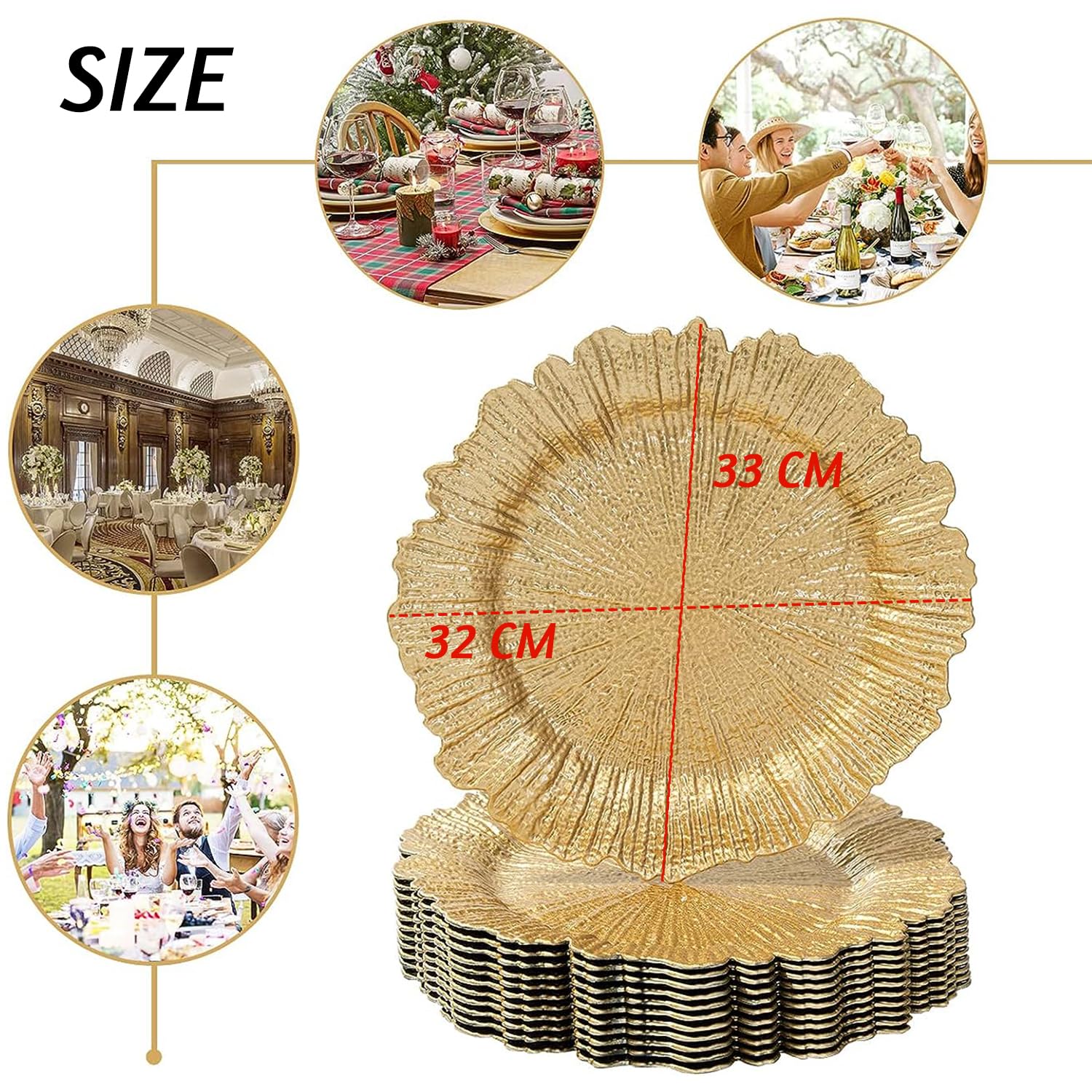 ALINK Gold 6 Pack Dinner Plate Charger 13" Plastic Chargers For Weddings, Christmas And Parties