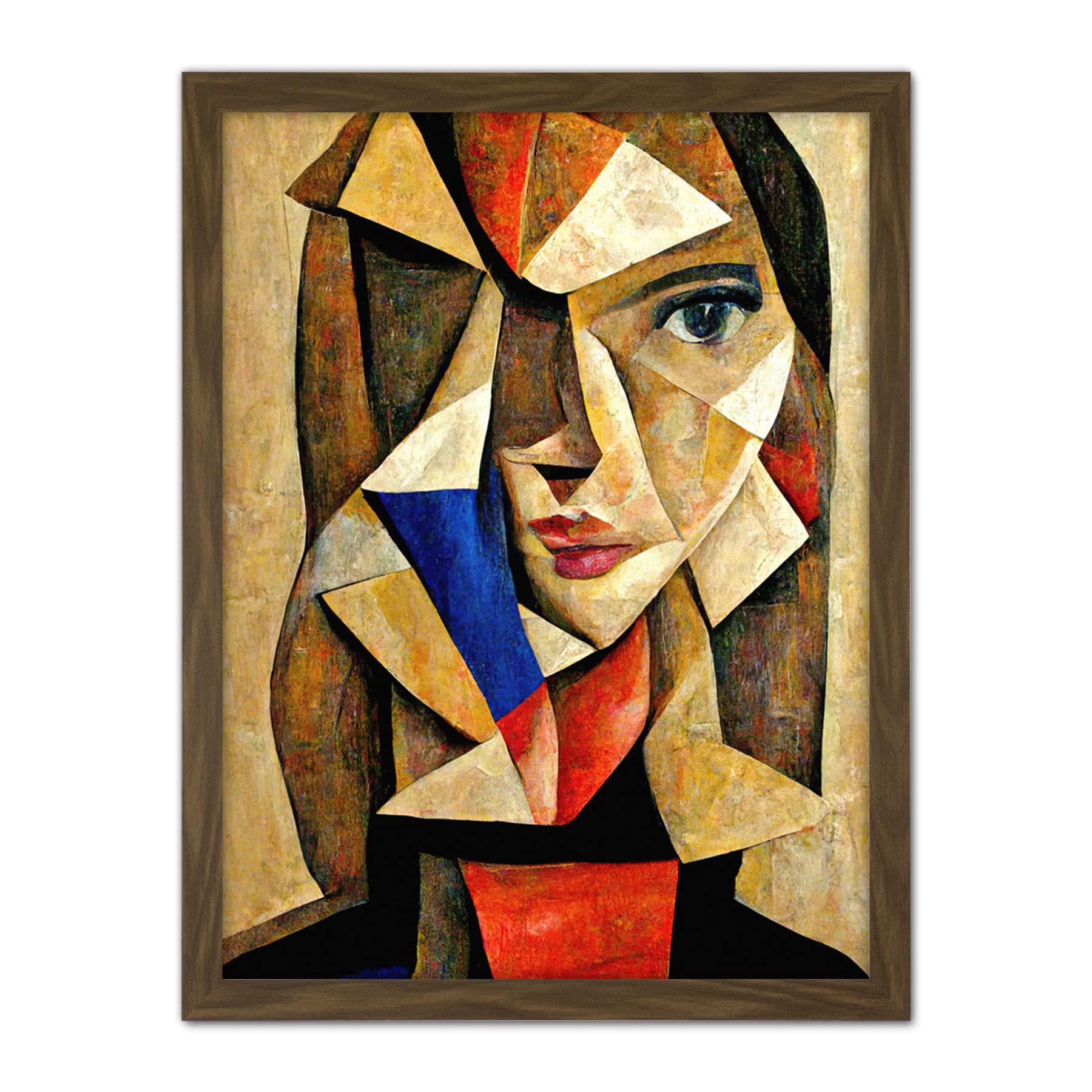 Doppelganger33 LTD Painting Cubism Style Portrait Of Young Woman Beige And Brown Artwork Framed Wall Art Print 18X24 Inch
