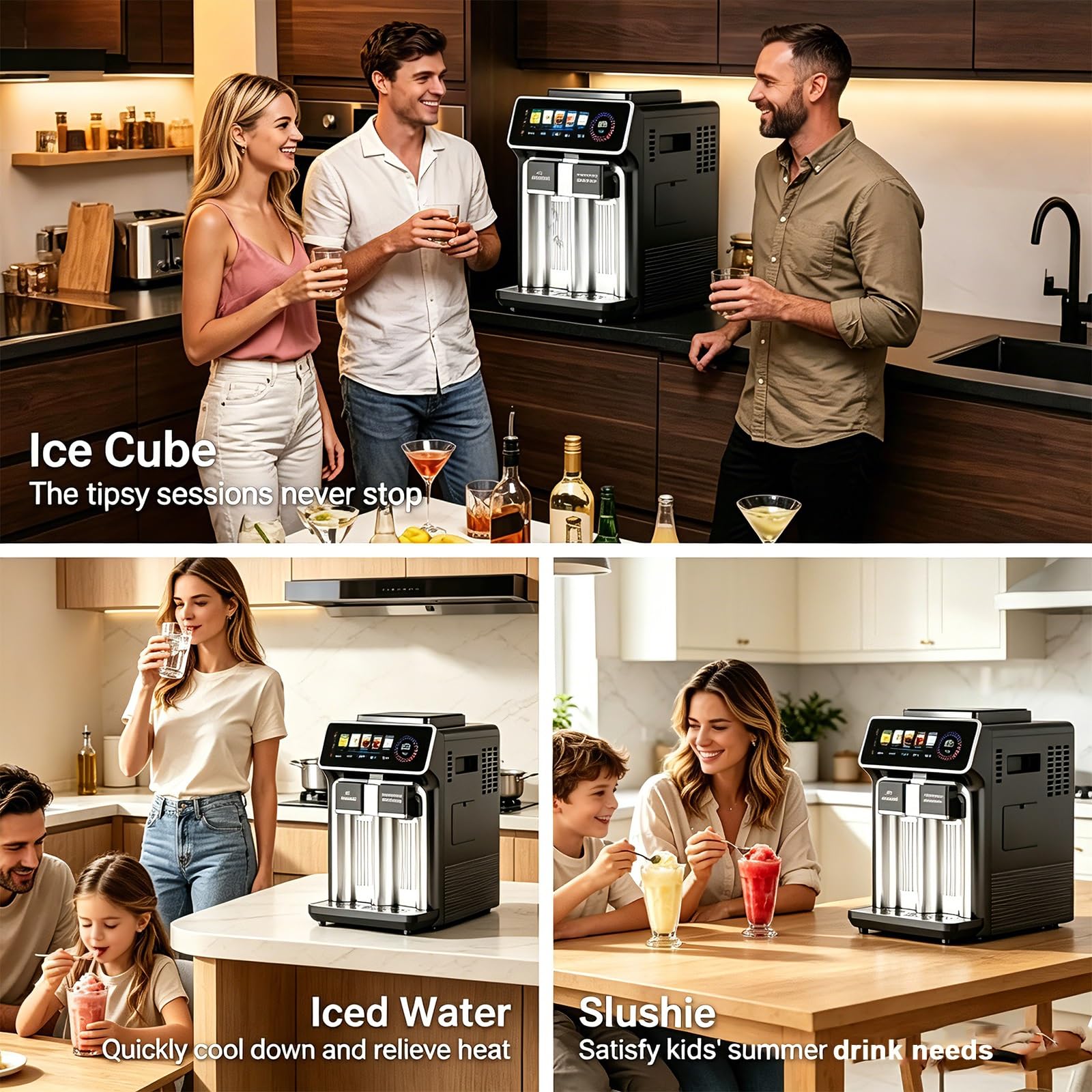 Macchina per il ghiaccio, 3 in 1, multifunzione per frullati e acqua ghiacciata, 120 W, design da banco con produzione di ghiaccio a un solo tocco, perfetta per ufficio e piccoli esercizi commerc