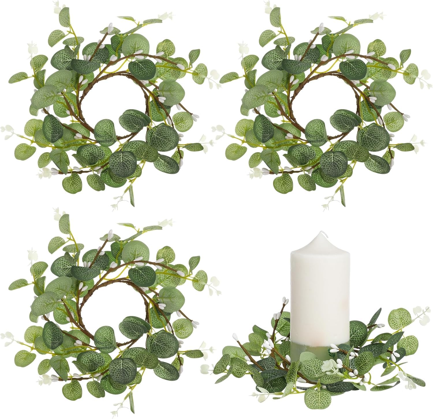 4pcs Artificial Flower Candle Rings Berry Eucalyptus Candle Wreaths Floral Wreaths Farmhouse Candle Holders Table Centerpieces Decorations Wedding Decor Easter Dinner Party Favor