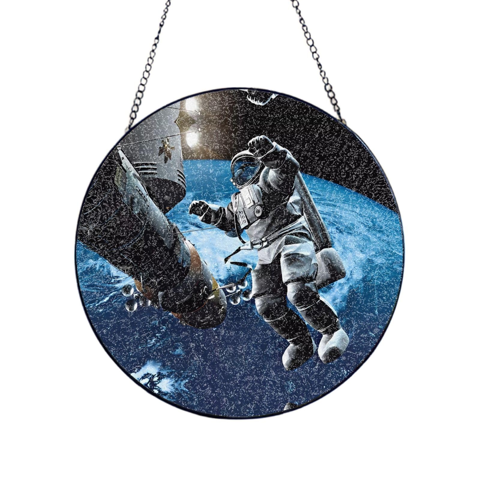 Phayah Astronaut Print Glass Window Hanging Round Suncatcher Glass Ornament Garden Wall Fence Decorations Indoor Outdoor 8in（20cm）
