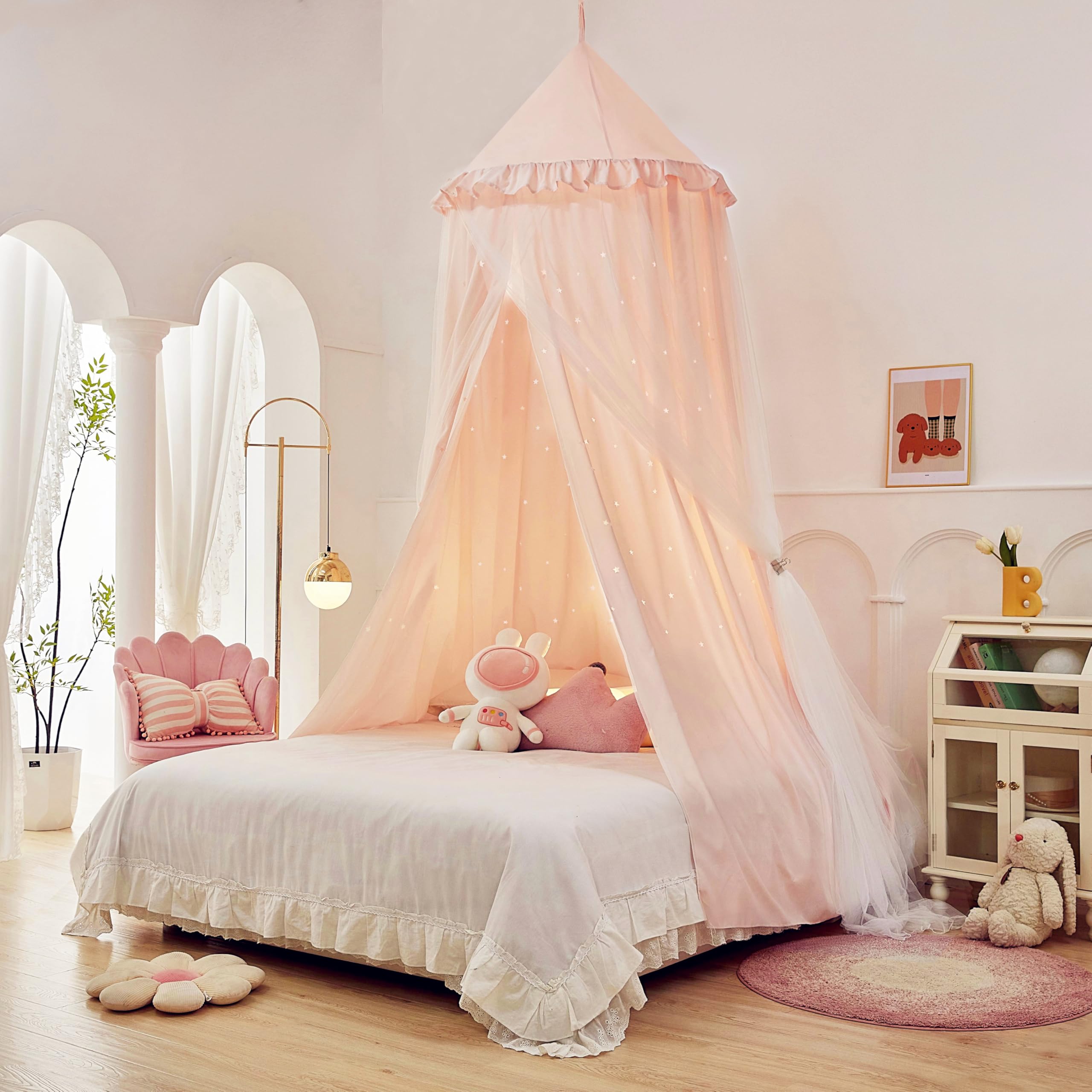 Baldaquin de lit princesse pour fille, double couche avec étoiles découpées, tissu respirant et lavable, convient pour lit double, tente féérique pour décoration de chambre