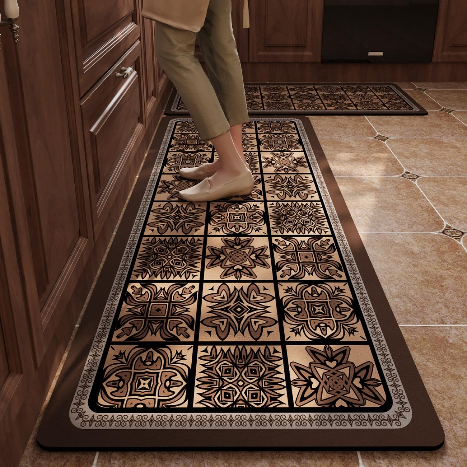 Tapis Cuisine 50X80Cm+50X160Cm Marron Noir Tapis De Cuisine Anti-Fatigue Au Design Moderne,Antidérapant Et Lavable,pour L'Intérieur,pour Couloir Et Le Salon