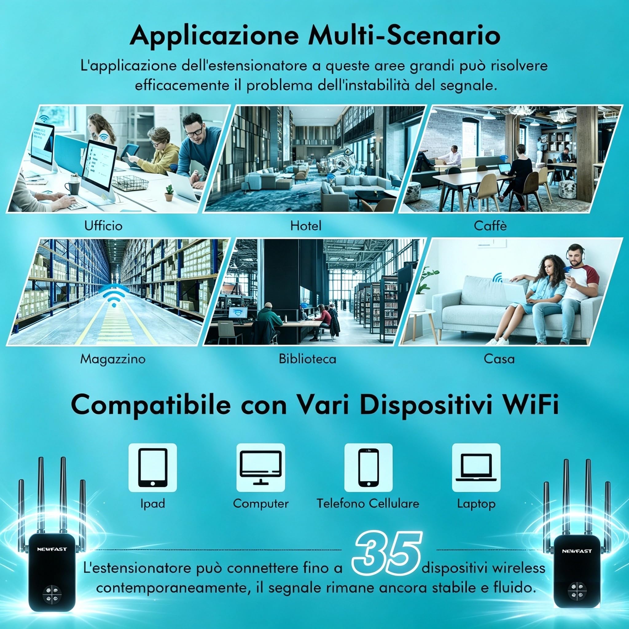NEWFAST Ripetitore WiFi Potente per Casa, 1200Mbps WiFi Extender Dual Band | 2.4GHz/5GHz con 4 Antenne ad Alto Guadagno, Porta Ethernet, WPS, Display Intelligente, Supporta 3 Modalità(Nero)