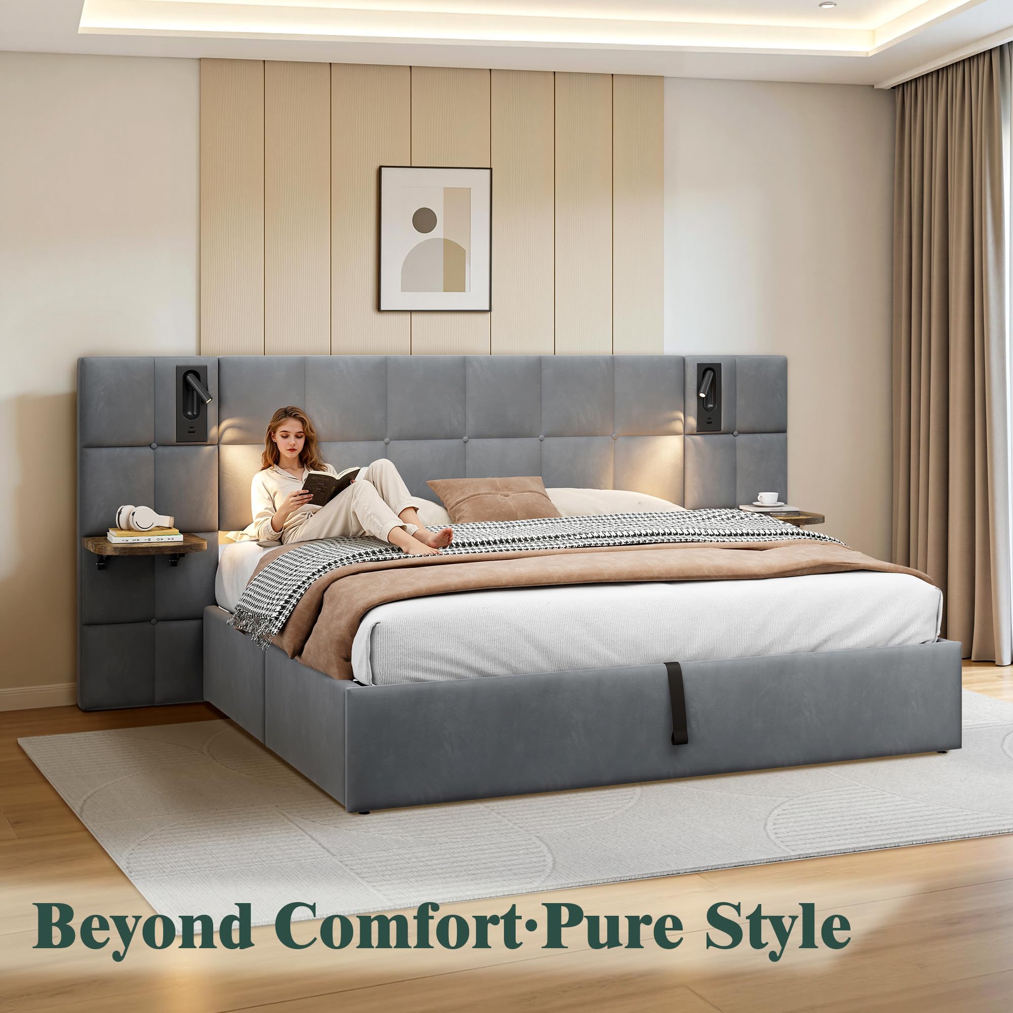 LUXOAK Polsterbett mit Stauraum, Leselampen, USB- & Typ-C-Anschlüssen, seitlichen Ablagen, Gasdruckfeder-Stauraum,Modernes Stoffbett, 140×200cm, Hellgrau