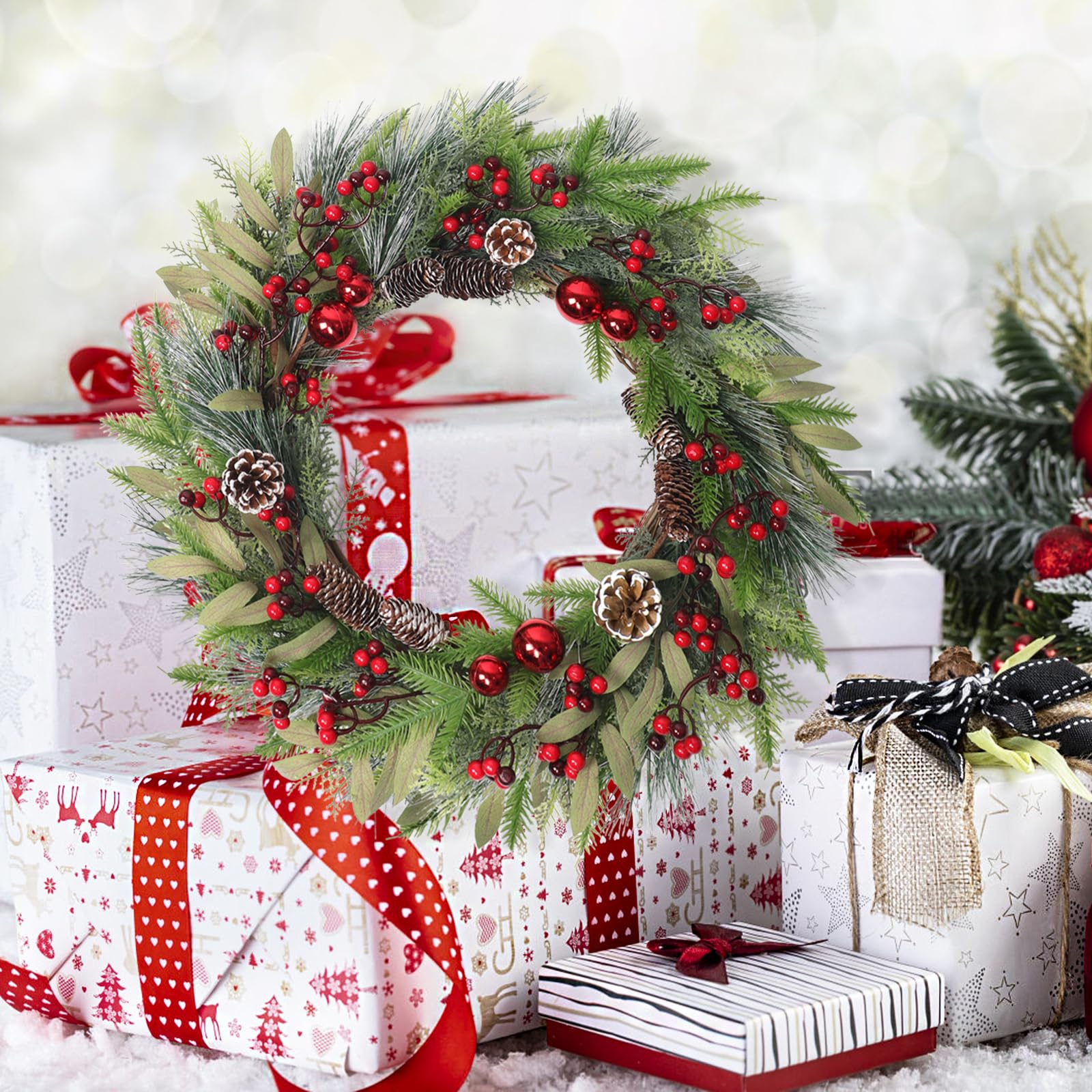 Weldomcor 60CM Weihnachtskranz Türkranz, Groß Weihnachtsgirlande Tannenkranz mit Weihnachtskugeln Kiefernzapfen Beere für Haustür Kamin Wanddekoration