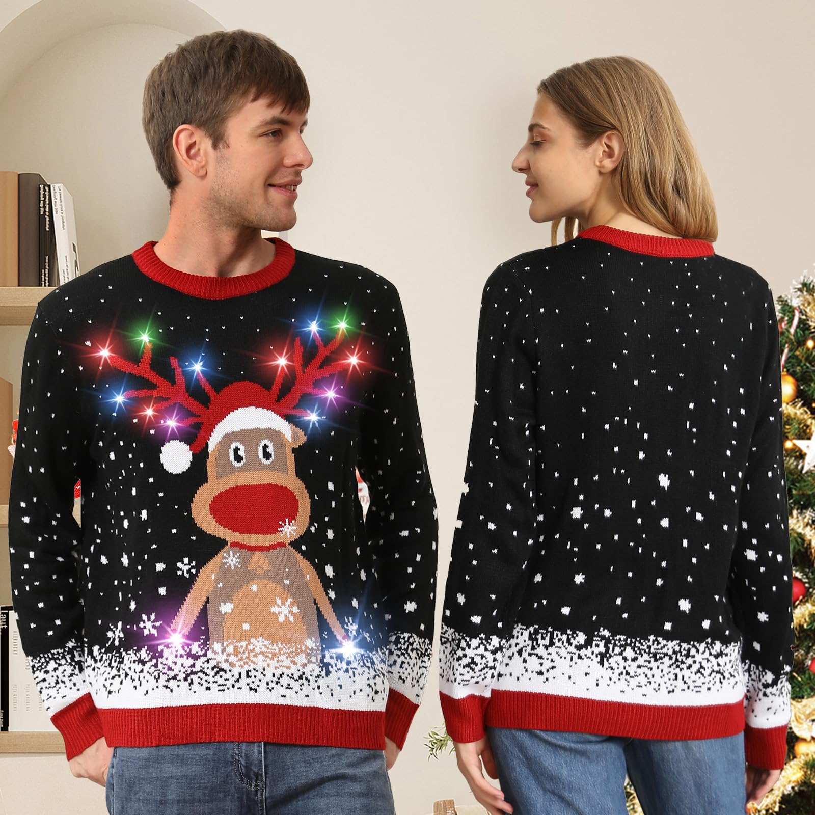 Maglione Natalizio con Luci LED, Maglioni Natalizi Famiglia Set, Brutti Maglione Natalizio Uomo Donna Ugly Christmas Sweater, Manica Lunga Maglia Natale Maglione di Natale per Coppia
