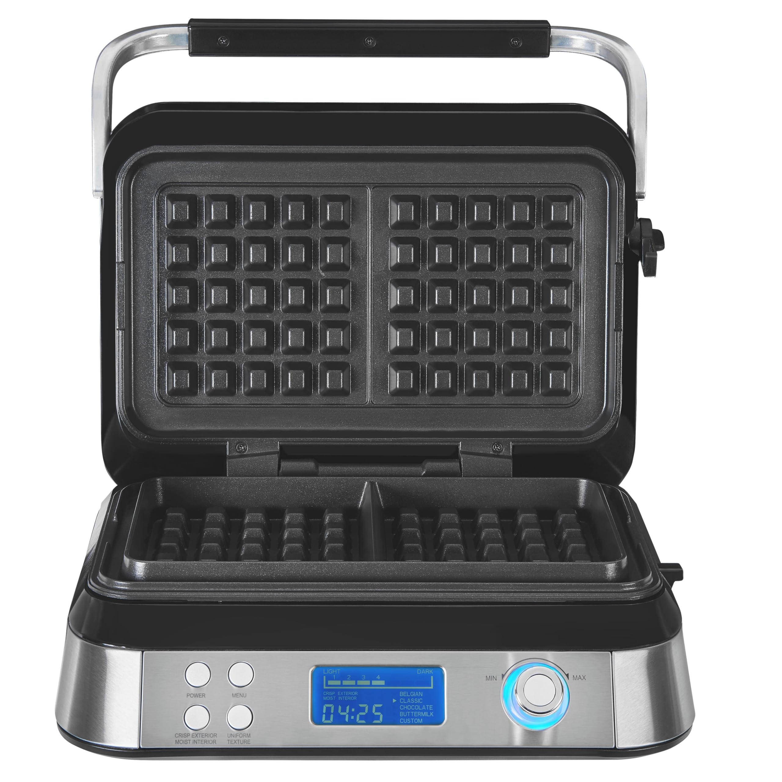 GUTFELS Waffeleisen WAFFLE 5010|Beschichtete Backplatten|1600 Watt| Timer|Display|Überlaufschutz|5 verschiedene Programme|rutschfeste Standfüße|Kabelaufwicklung|Überhitzungsschutz, Schwarz-inox