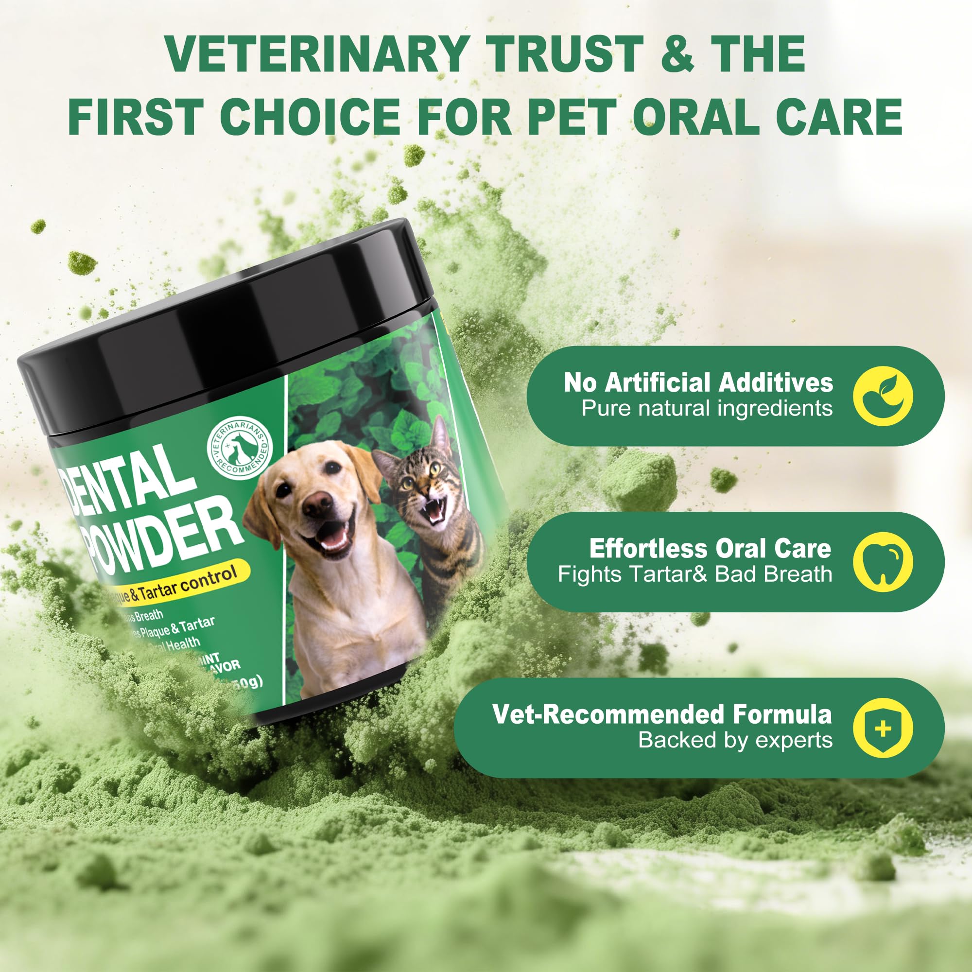 Pet Dental Powder for Dogs & Cats - Fresh Mint Breath Freshener & Teeth Cleaner - Plaque & Tartar Remover Food Topper - No Brushing Oral Care Support for Bad Breath Control (150g) - image 4