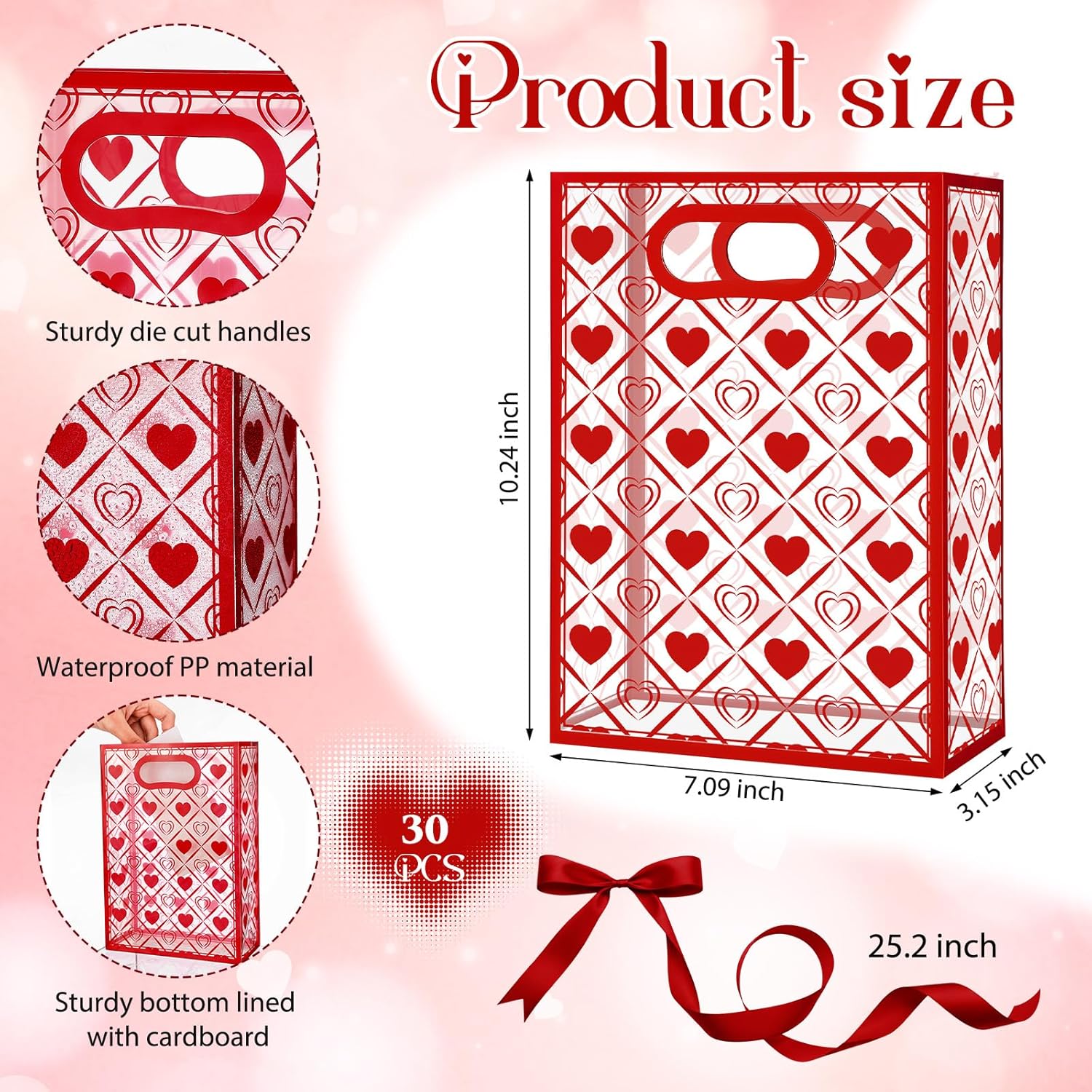 Hillban 30 Pack Clear Valentine's Day Plastic Gift Bags with Ribbons Heart Treat Bags with Die Cut Transparent PVC Tote for Gift Wrapping Wedding Birthday Party Favors, 10x7x3.15 Inch(Festive) - Image 2