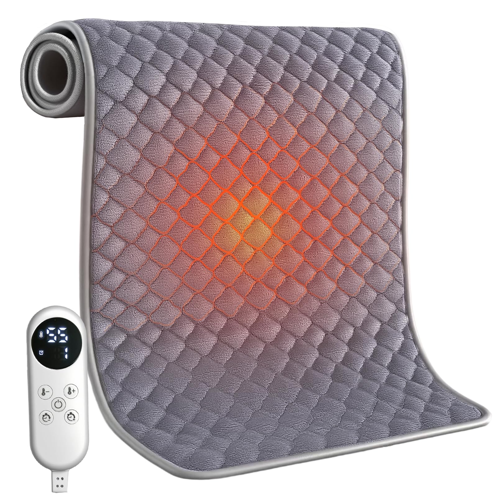 Manta Electrica 80x42cm, Esterilla Eléctrica con Calefacción Regulable de 25-55°C, Temporizador 1-12H, Felpa de Cristal Alargada+Relleno de Algodón Seda Grueso, Pantalla LED Grande para Lumbar, Cuello