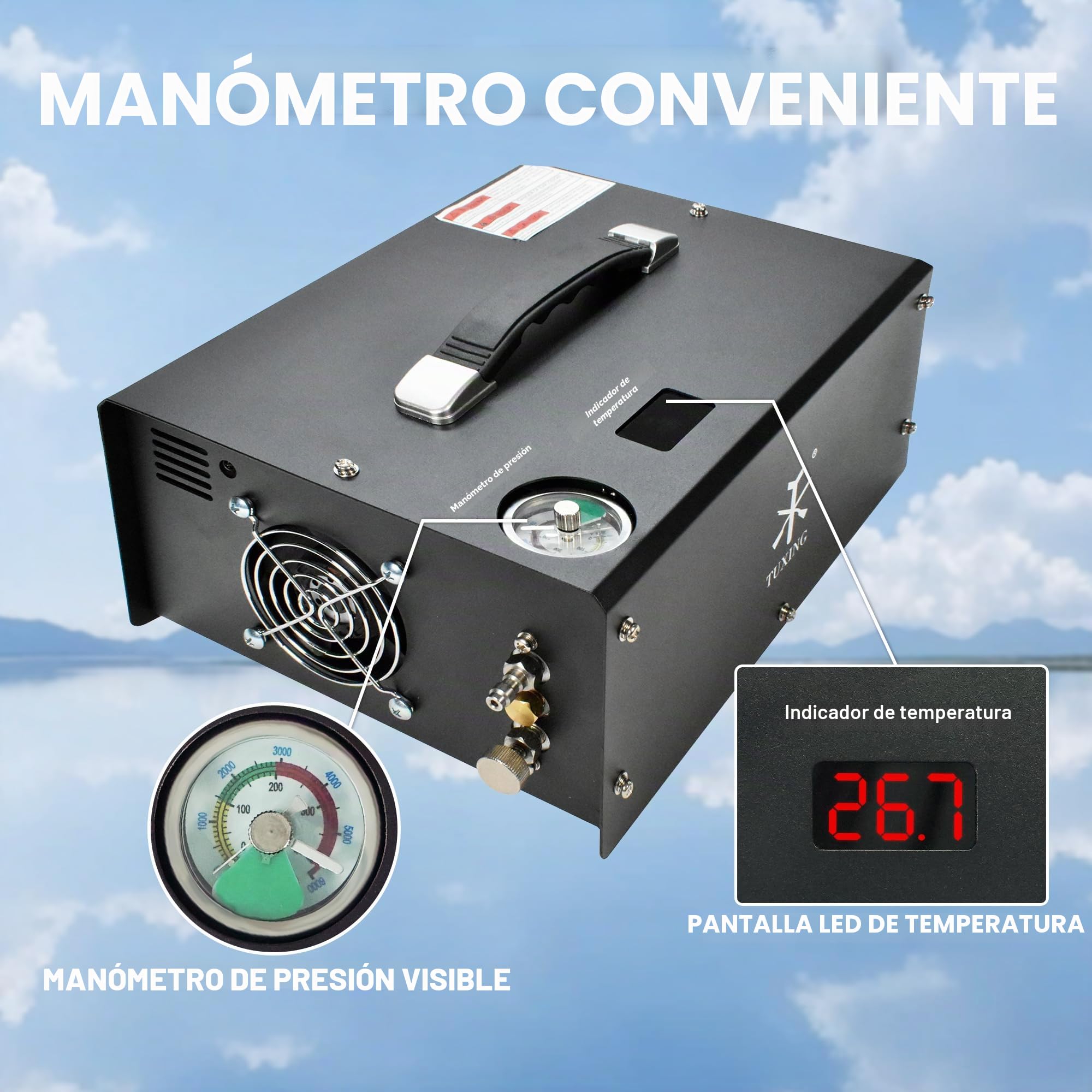 TUXING Compresor de aire PCP portátil, 4500 psi/30 Mpa, parada automática, convertidor integrado alimentado por coche 12 V CC o hogar 110 V CA, compresor de tanque de paintball con separador de aceite