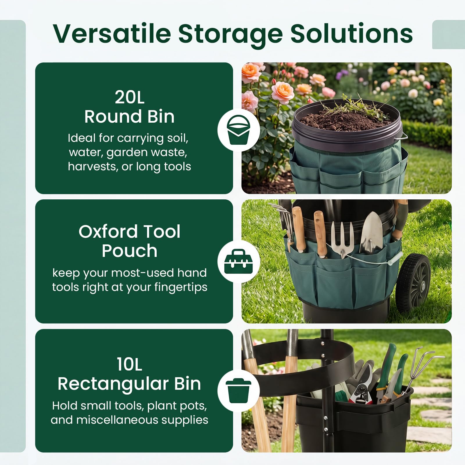 HOMASIS Carrello da Giardino 30L in Metallo per Giardinaggio e Pulizia | Secchio, Bidone e Tasche, 2 Ruote Porta Utensili e Foglie, Carrellino Verticale per Cortile e Terrazza