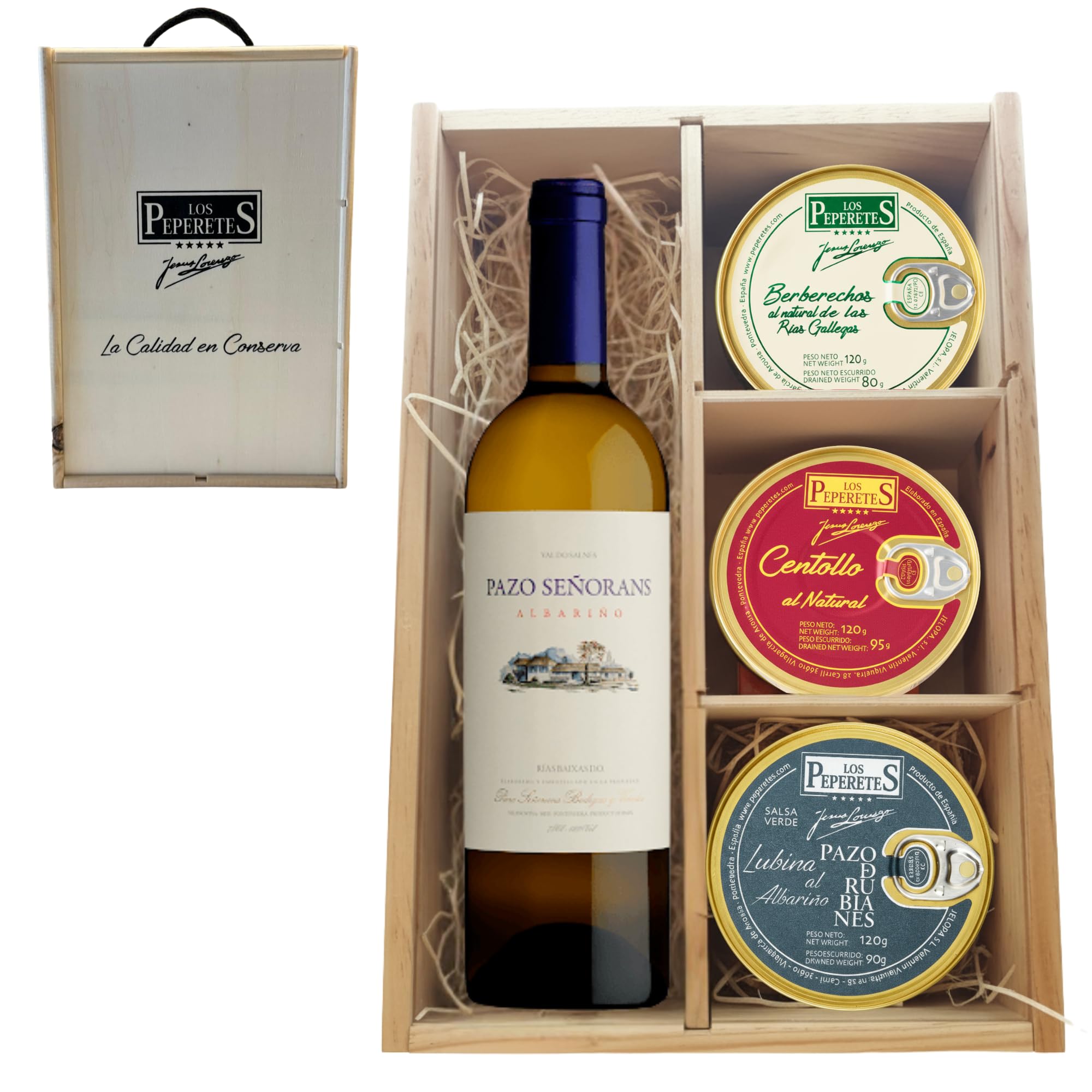 LOS PEPERETES Pack Superior Marisco Gallego con Albariño Pazo Señorans | Berberechos ×2 · Centollo ×2 · Lubina al Albariño ×2 | Lote Gourmet Premium