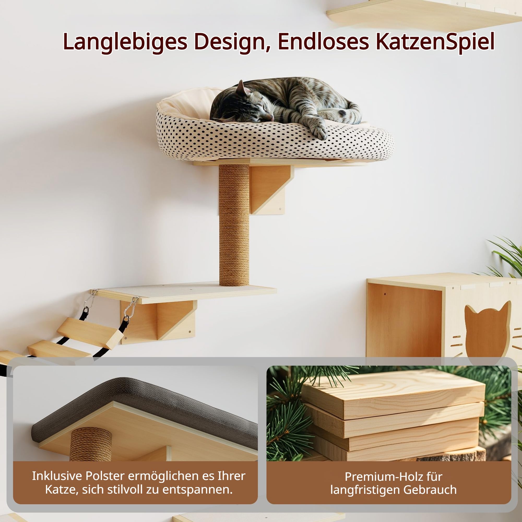 12-teiliges Katzenregal-Set, Wandmontiertes Katzenspielzeug-Set mit Katzenbrücke und Kratzbaum, Großer Wandmontierter Kletterbaum-Aktivitätszentrum für Katzen, Kletterwand für Wohnungskatzen zum Schla