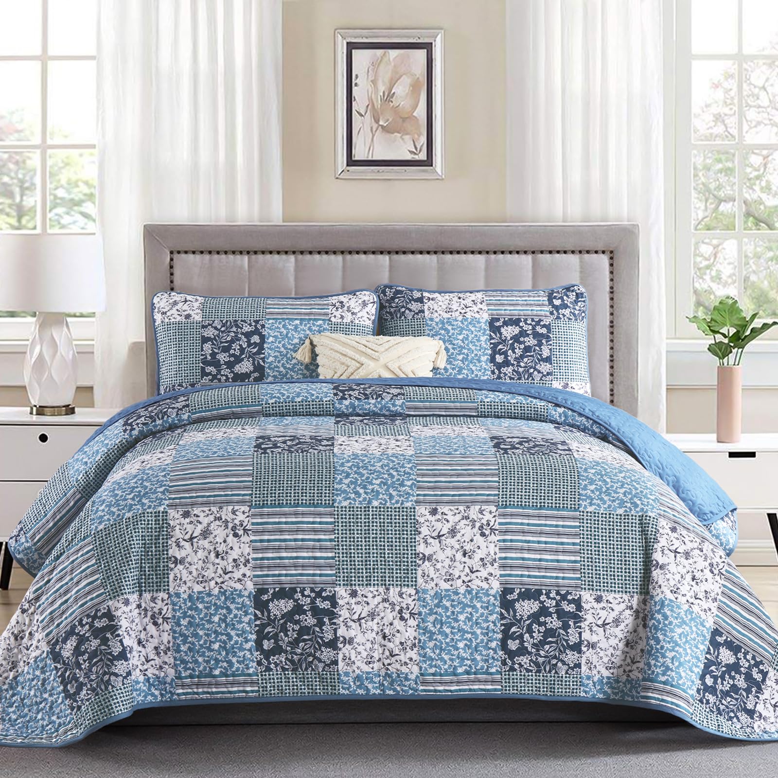 Mybedsoul King Size Quilt, Boho Patchwork Floral Bedding Set, Navy Blue