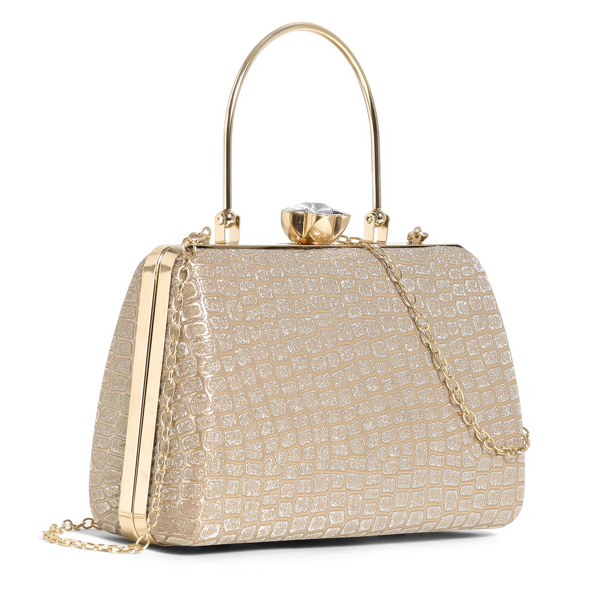 Women’s Bridal Clutch Handbag | Metallic Shimmer Box Clutch | Ladies Purse| Twist Clasp with Gem Knob | Hand-Held & Sling Bag for Party & Wedding | Party Clutch-image-38