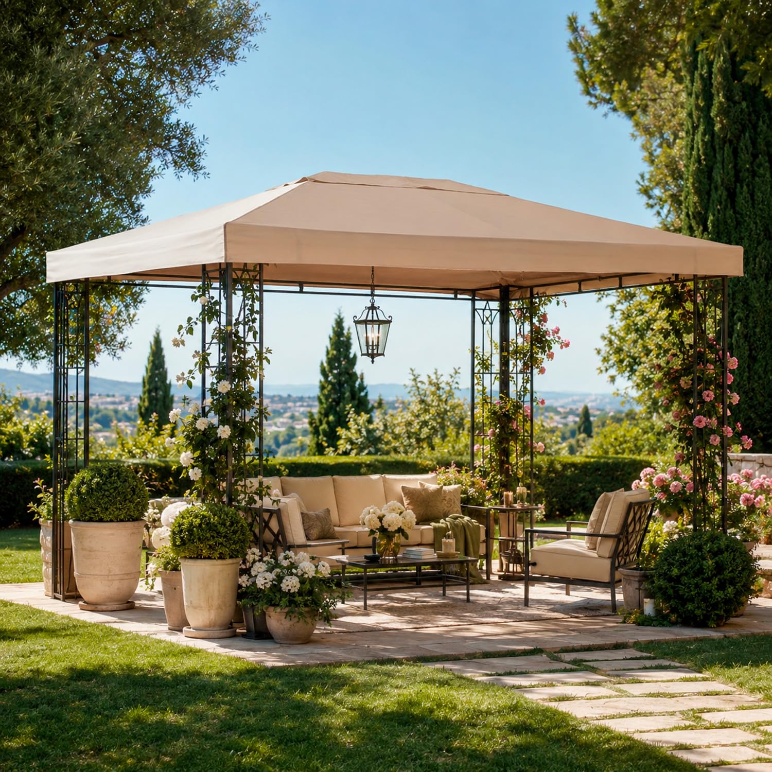 Telo Ricambio Impermeabile Per Gazebo 3x4 Metri In Poliestere PVC Con Protezione UV Velcro Rinforzato Giardino Terrazza Veranda Outdoor 300 X 400 Cm Beige