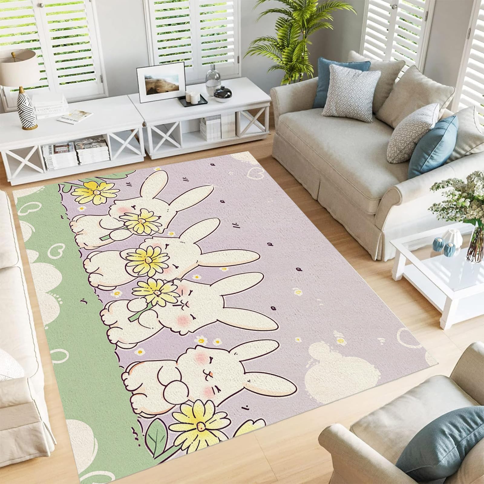 Coniglio Dei Cartoni Animati Tappeti Soggiorno Camera Da Letto – Animale Adorabile Tappeti Antiscivolo – Moderno Morbido Pelo Corto Peluche 90X150Cm Tappeto - Non Perde Pelo Facile Pulire