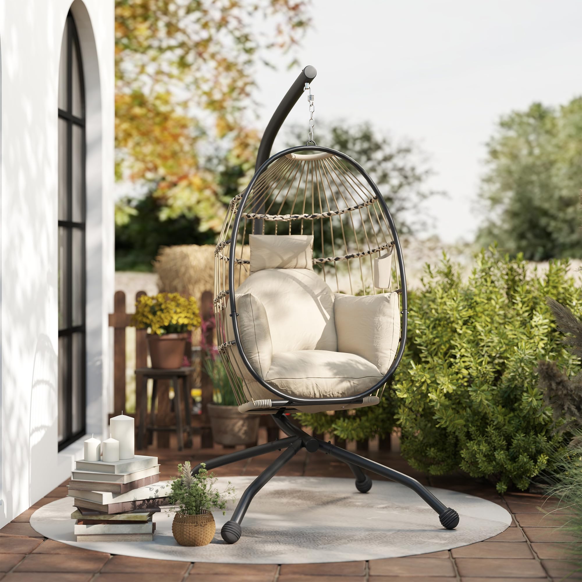 Outsunny Poltrona Sospesa a Uovo 120x88x192 cm Cachi con Gancio Regolabile 2 Cuscini Lavabili Base Acciaio