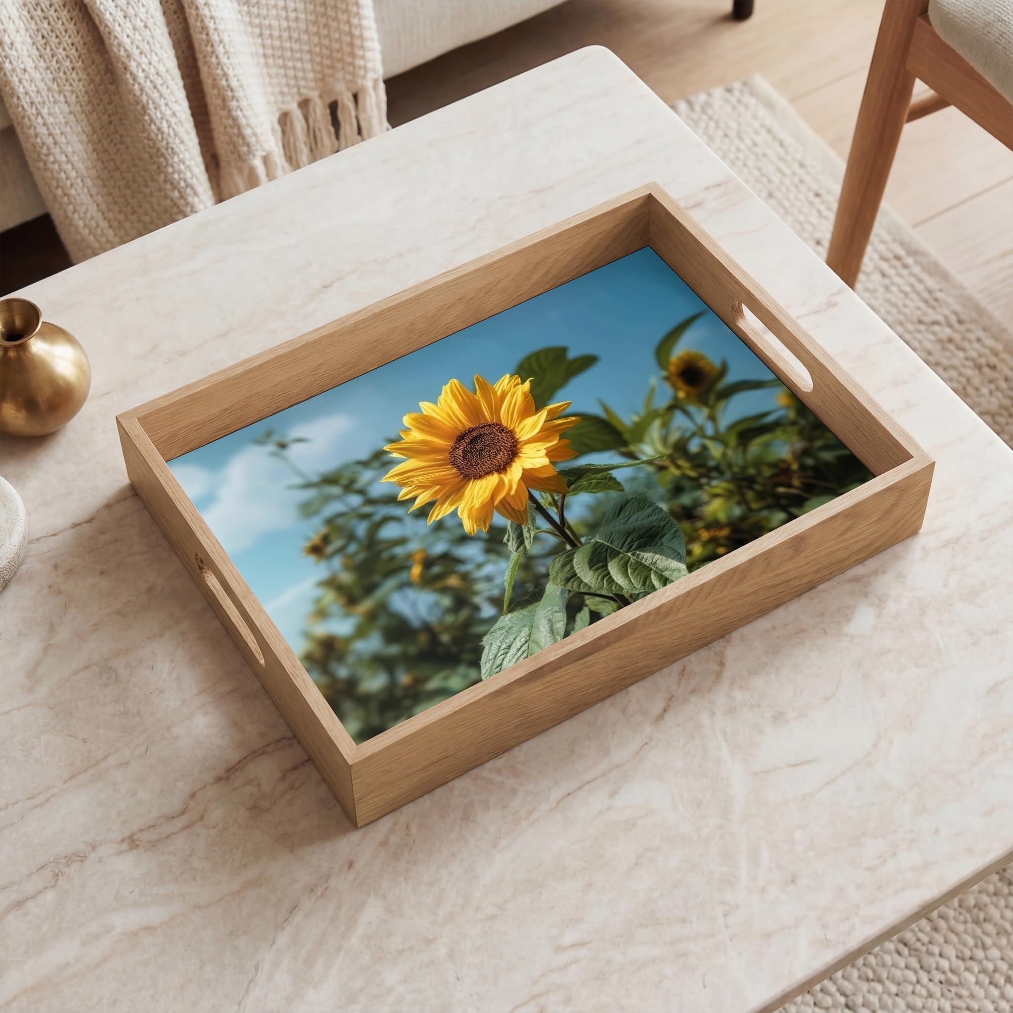 Tablett Rechteckig 40x30 cm Serviertablett rutschfest Griff Küchentablett Servierplatte Eiche Holztablett Henkel Hitzebeständig Sonnenblumen - Strahlend Blauer Himmel - Gras