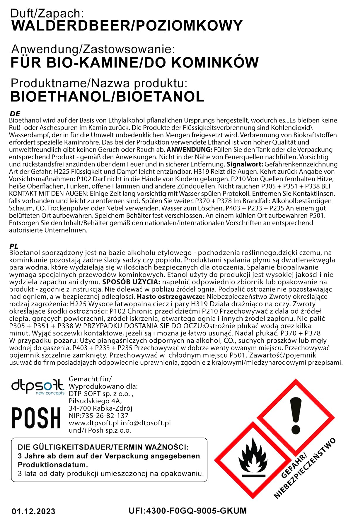 Bioetanol Premium 100% do kominka (zapach dzikiej truskawki, 5 l)