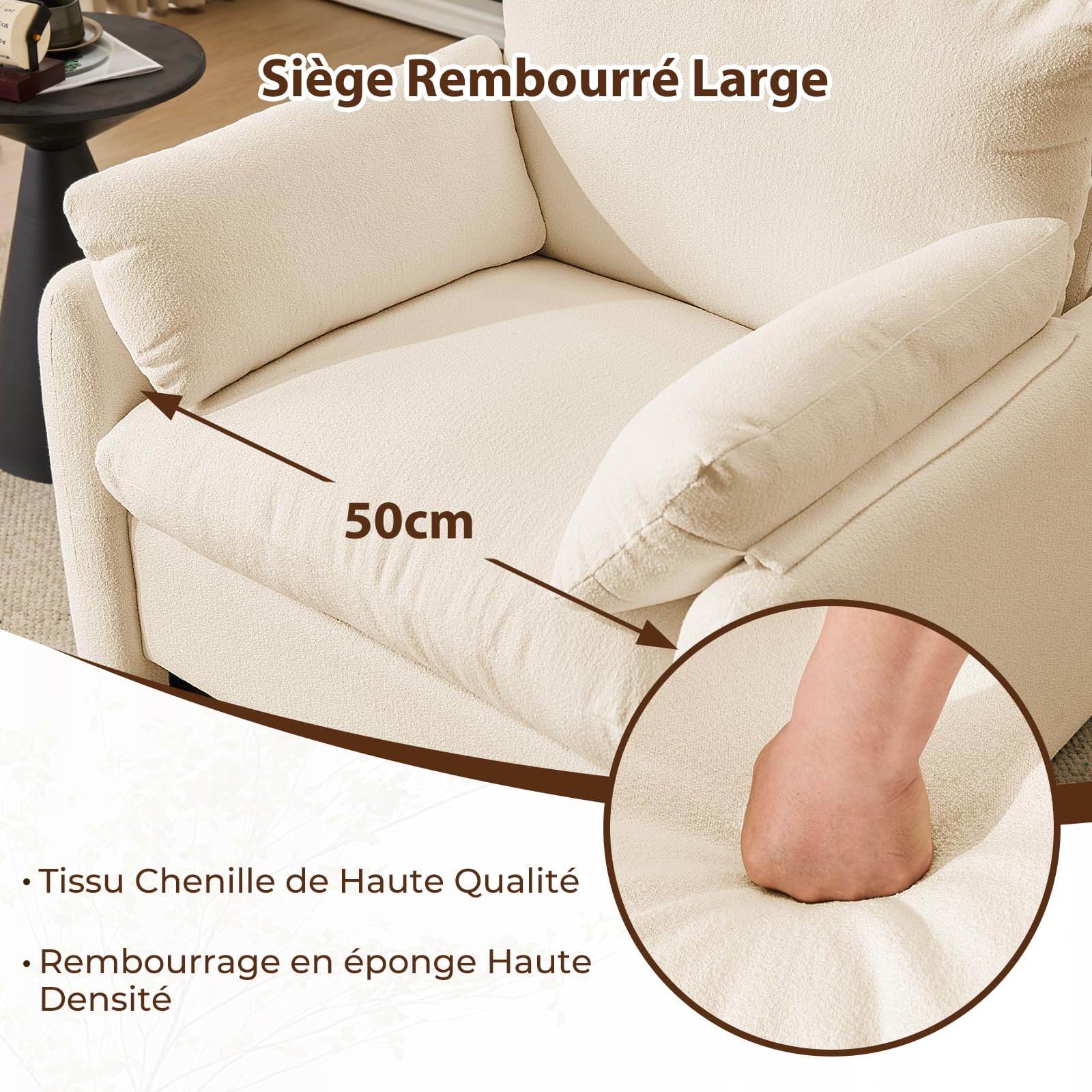 Extra-Grand Poltrona Salotto, 93.5cm Divano Singolo Poltrone Camera da Letto con Braccioli Rimovibili e Cuscino, Poltrona Imbottita Relax per Salotto Soggiorno Camera da Letto, Beige