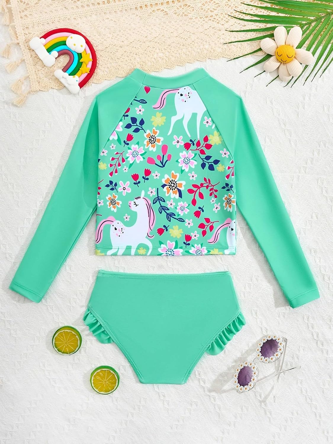 Kids Girls UPF 50+ Swim Shirts with Ruffles Brief Floral 2 Pieces Rash Guard Sets
