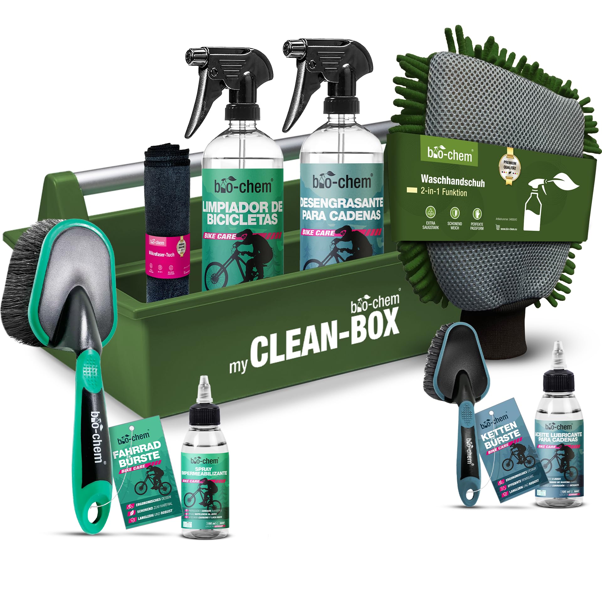 bio-chem Kit 9 produits d'entretien et nettoyage vélo, vtt + accessoires | Produits nettoyants d'entretien du cadre velo route, chaine vtt - Accessoires inclus - Boite de rangement incluse