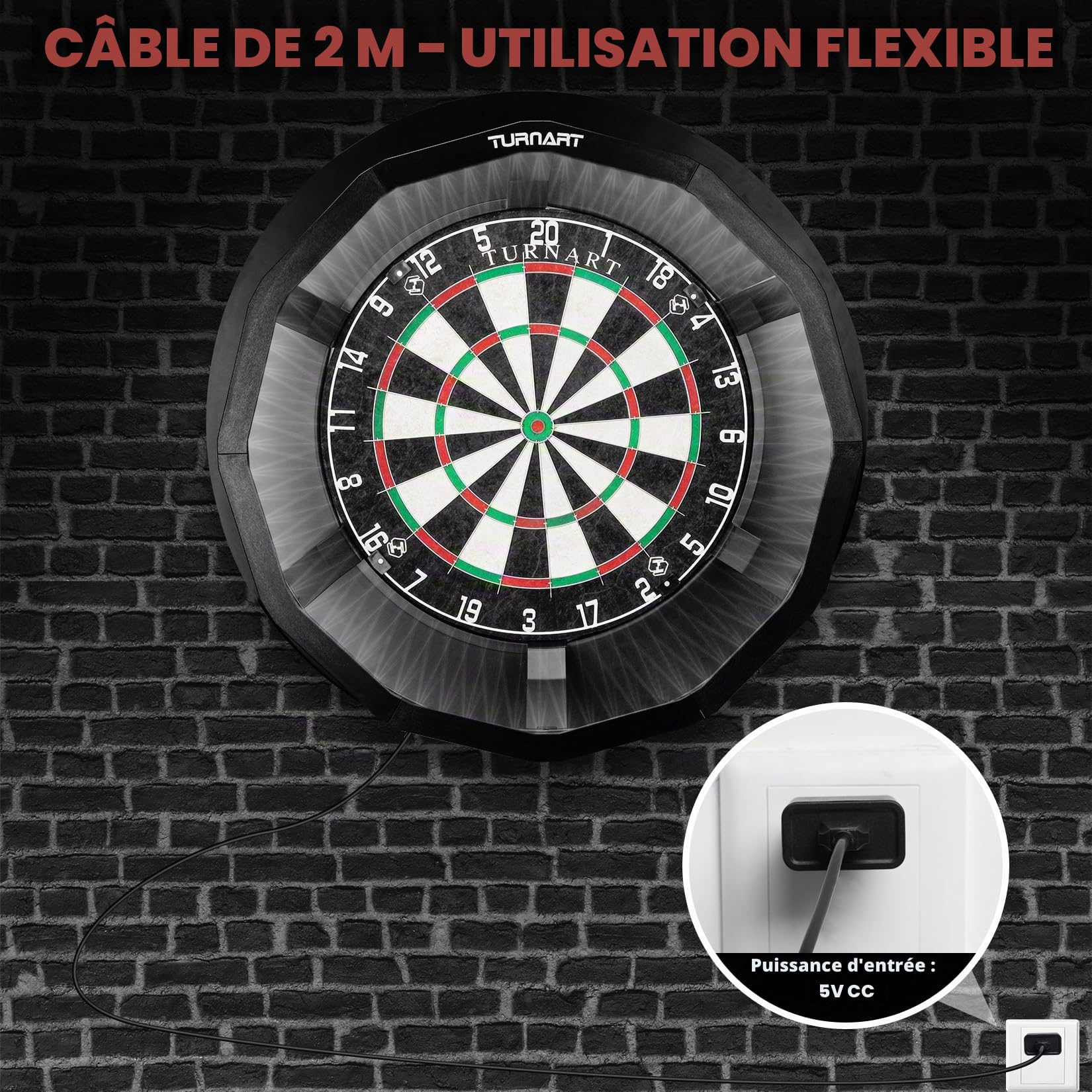 Turnart Cible de fléchettes - Éclairage 360° - Pour cible en acier - 90 LED - Noir - Polypropylène (PP) - Pour salon ou bar